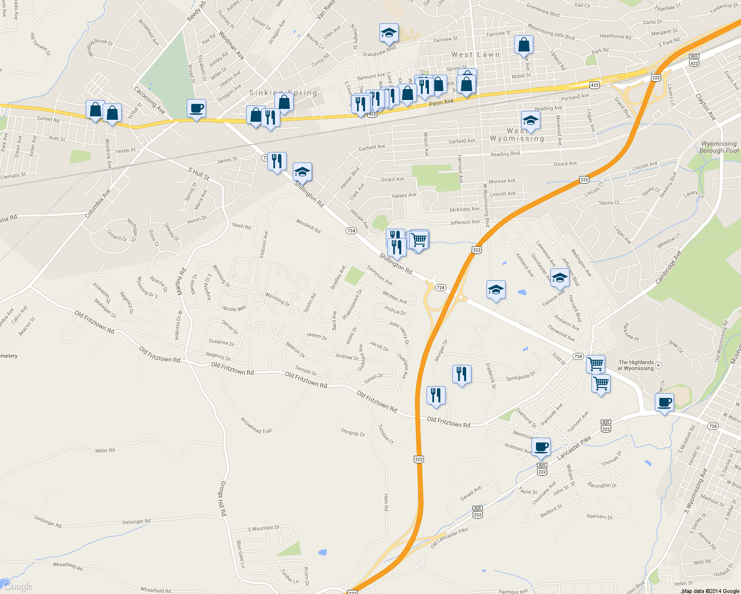 map of restaurants, bars, coffee shops, grocery stores, and more near 2611 Avon Avenue in Reading