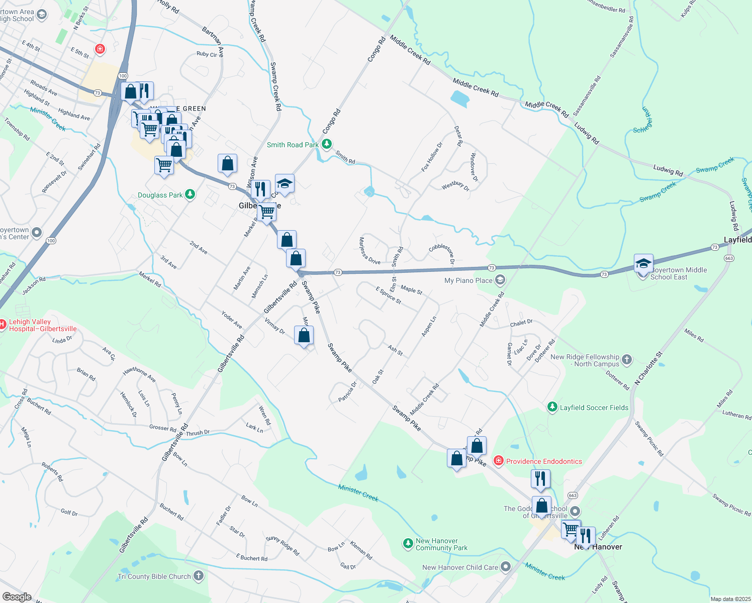 map of restaurants, bars, coffee shops, grocery stores, and more near 288 West Spruce Street in Gilbertsville