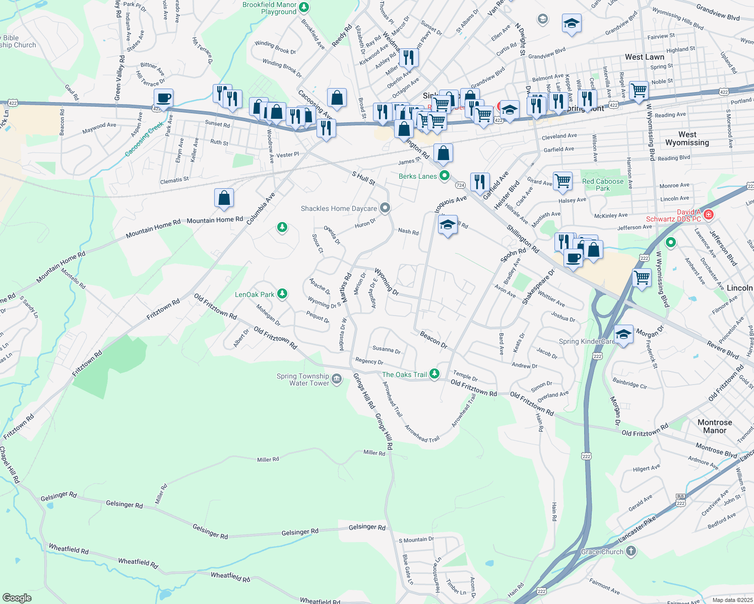 map of restaurants, bars, coffee shops, grocery stores, and more near 415 Augusta Drive East in Sinking Spring