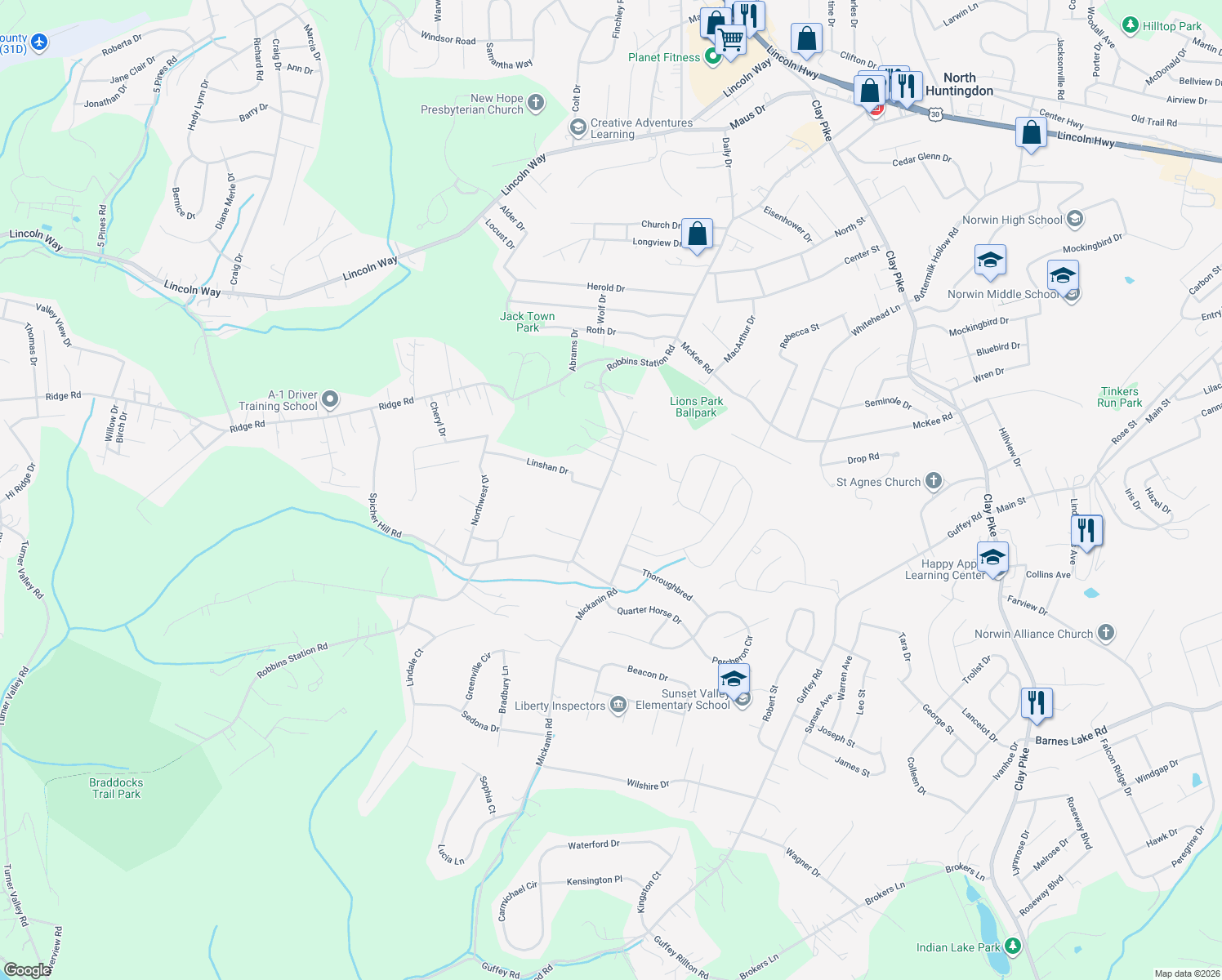 map of restaurants, bars, coffee shops, grocery stores, and more near 1525 Robbins Station Road in Irwin