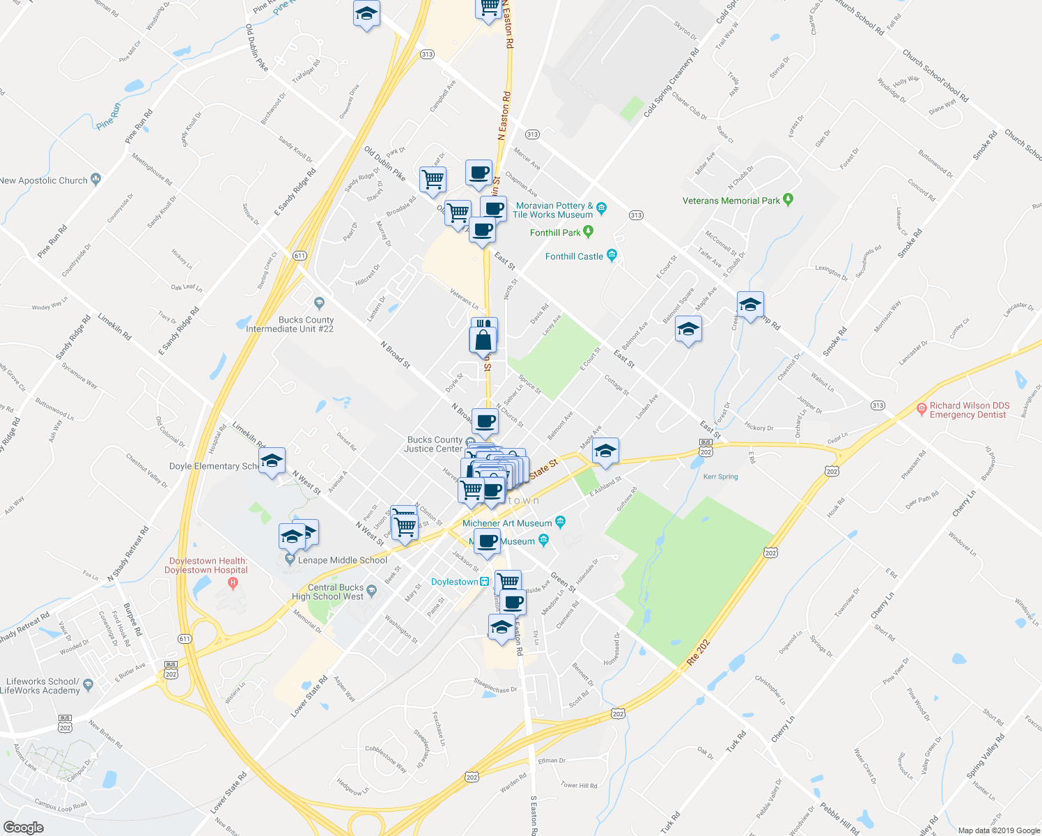 map of restaurants, bars, coffee shops, grocery stores, and more near 140 Mechanics Street in Doylestown