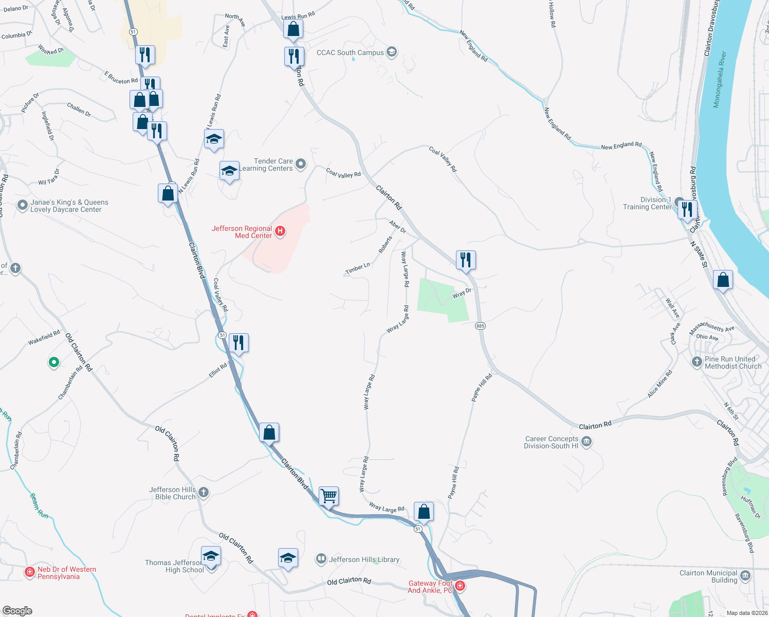map of restaurants, bars, coffee shops, grocery stores, and more near 144 Reed Drive in Jefferson Hills