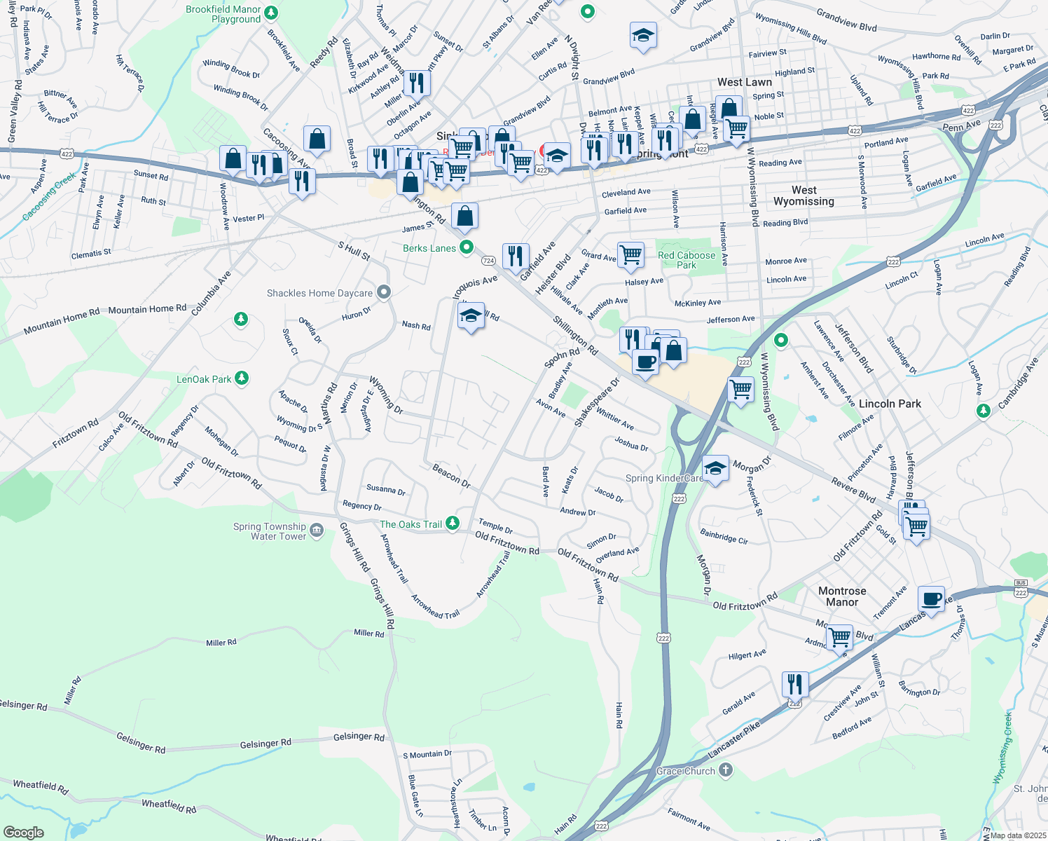 map of restaurants, bars, coffee shops, grocery stores, and more near 219 Spohn Rd in Reading