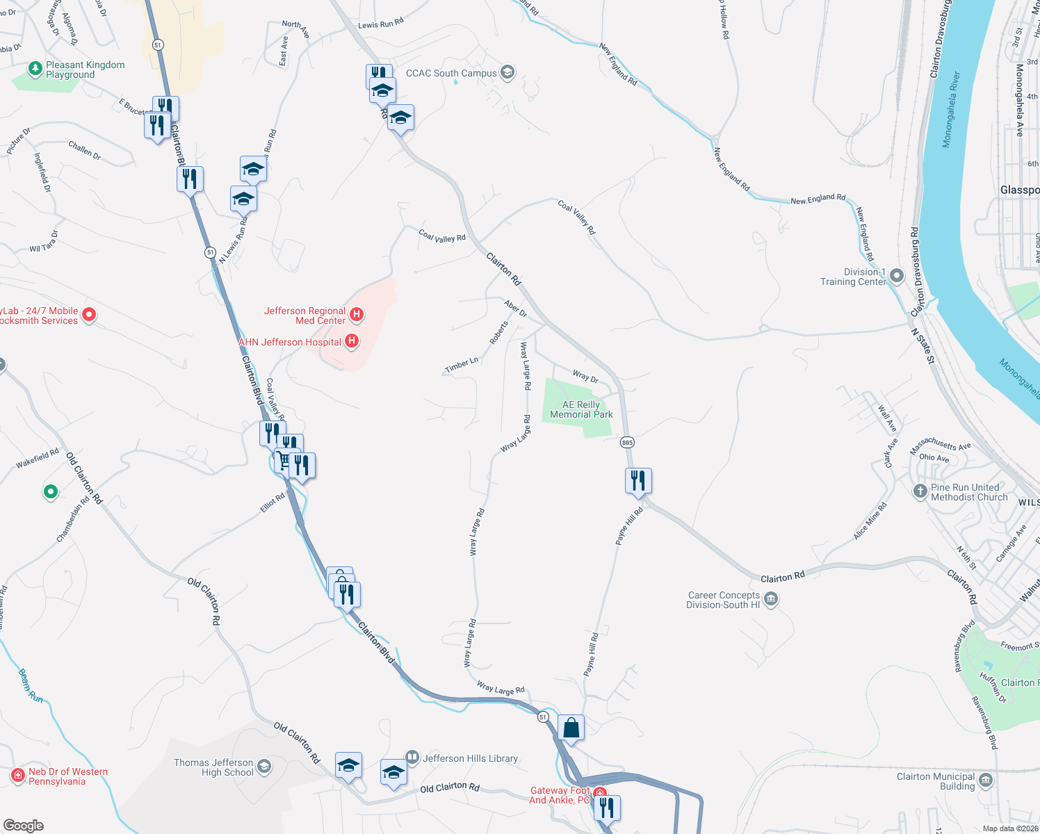 map of restaurants, bars, coffee shops, grocery stores, and more near 142 Wray Large Road in Clairton