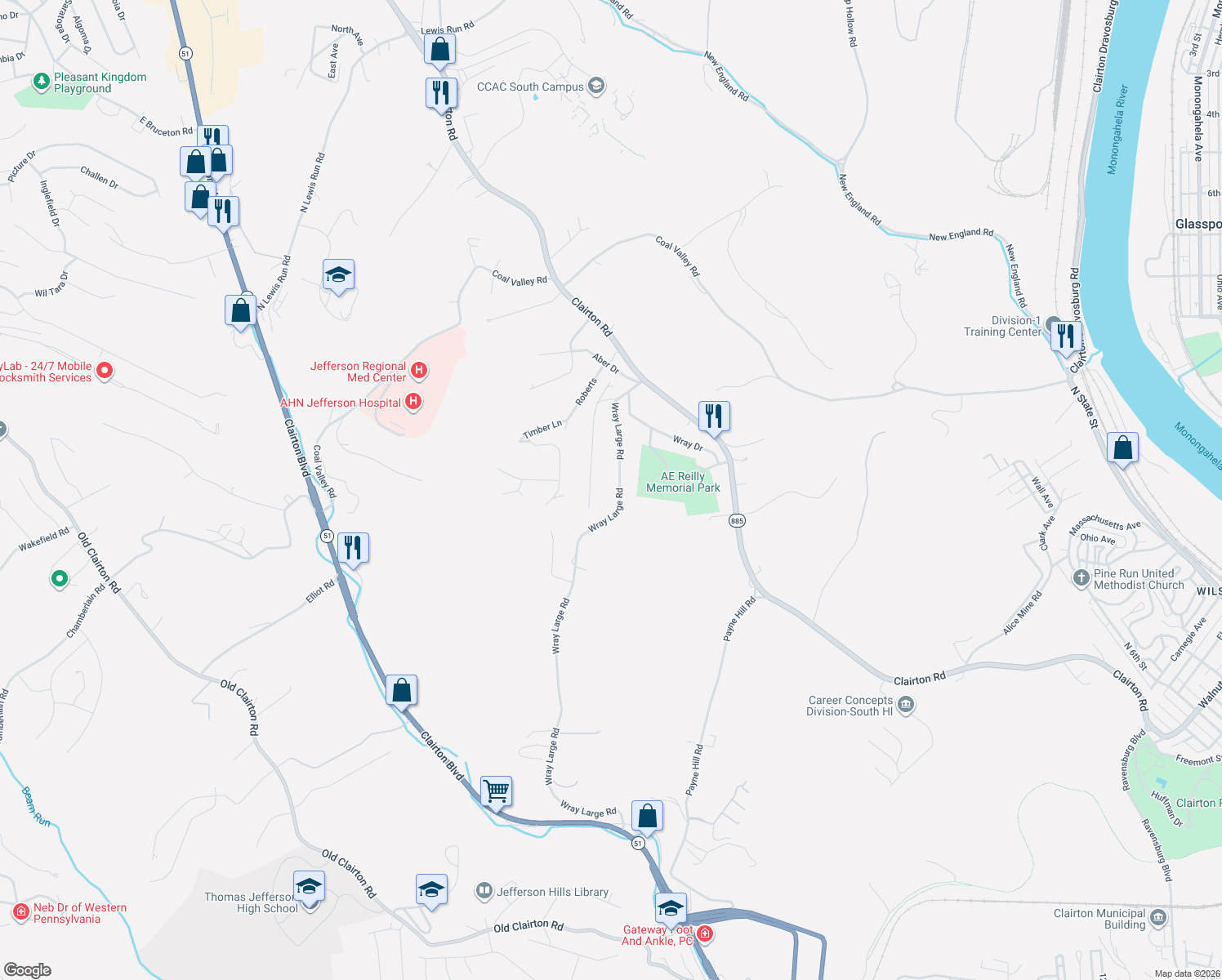 map of restaurants, bars, coffee shops, grocery stores, and more near 142 Wray Large Rd in Clairton