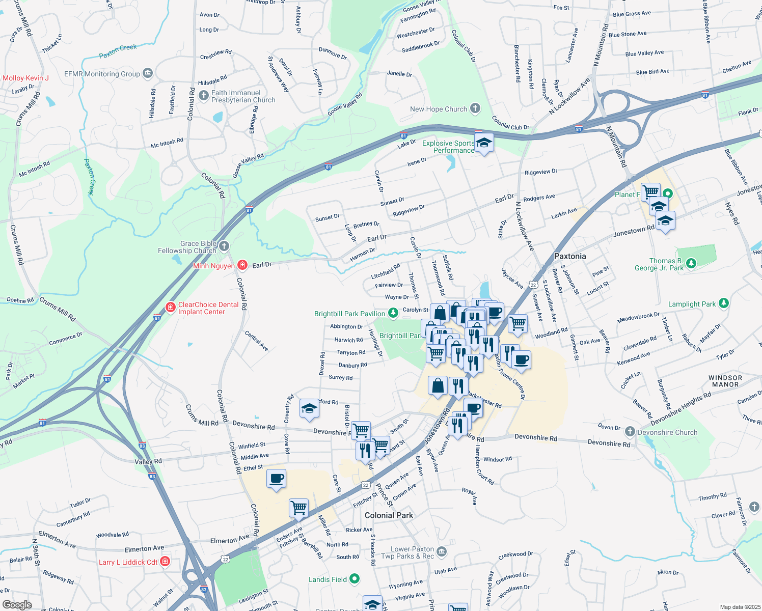 map of restaurants, bars, coffee shops, grocery stores, and more near 123 Carolyn Street in Harrisburg