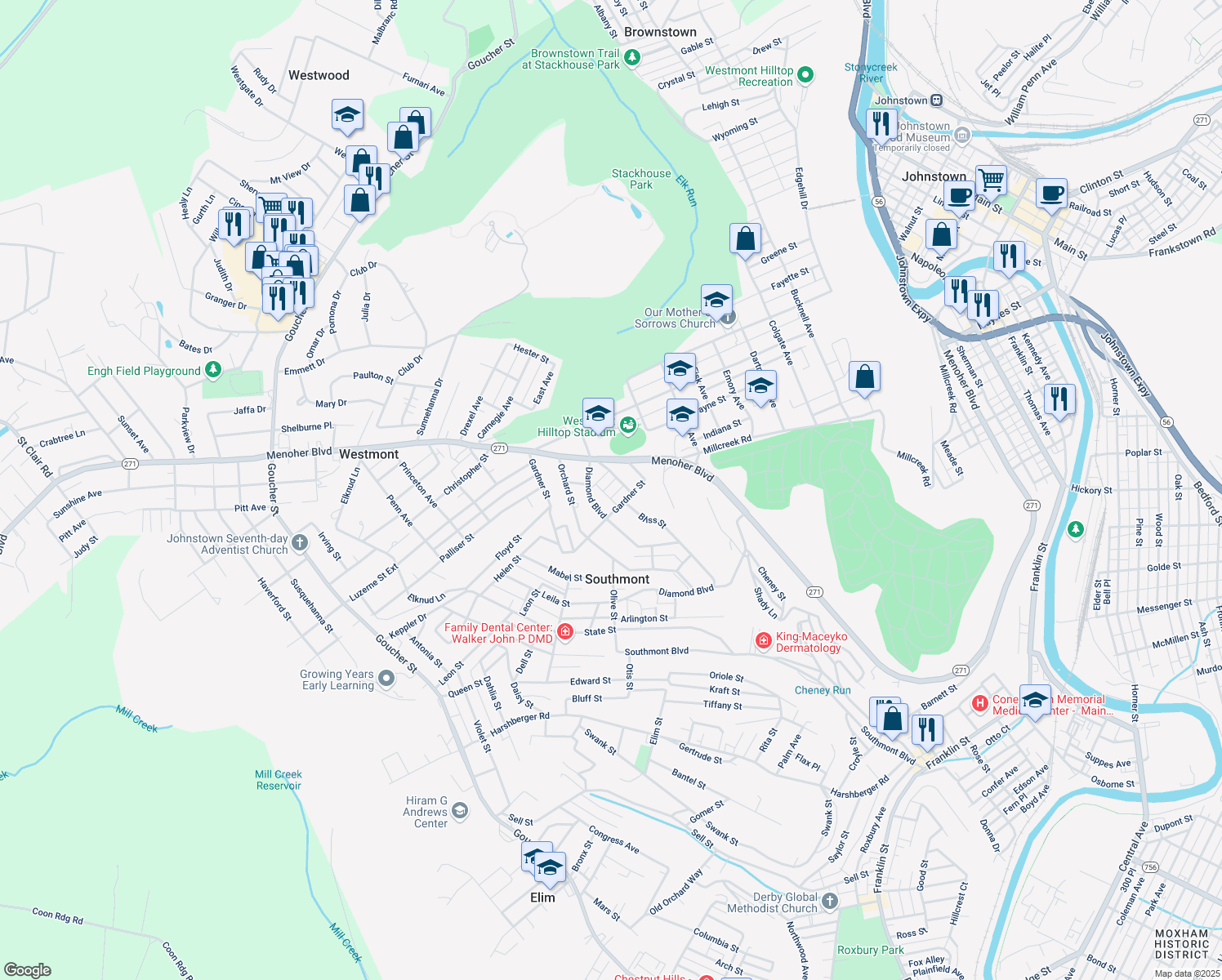 map of restaurants, bars, coffee shops, grocery stores, and more near 199 Lucetta St in Johnstown
