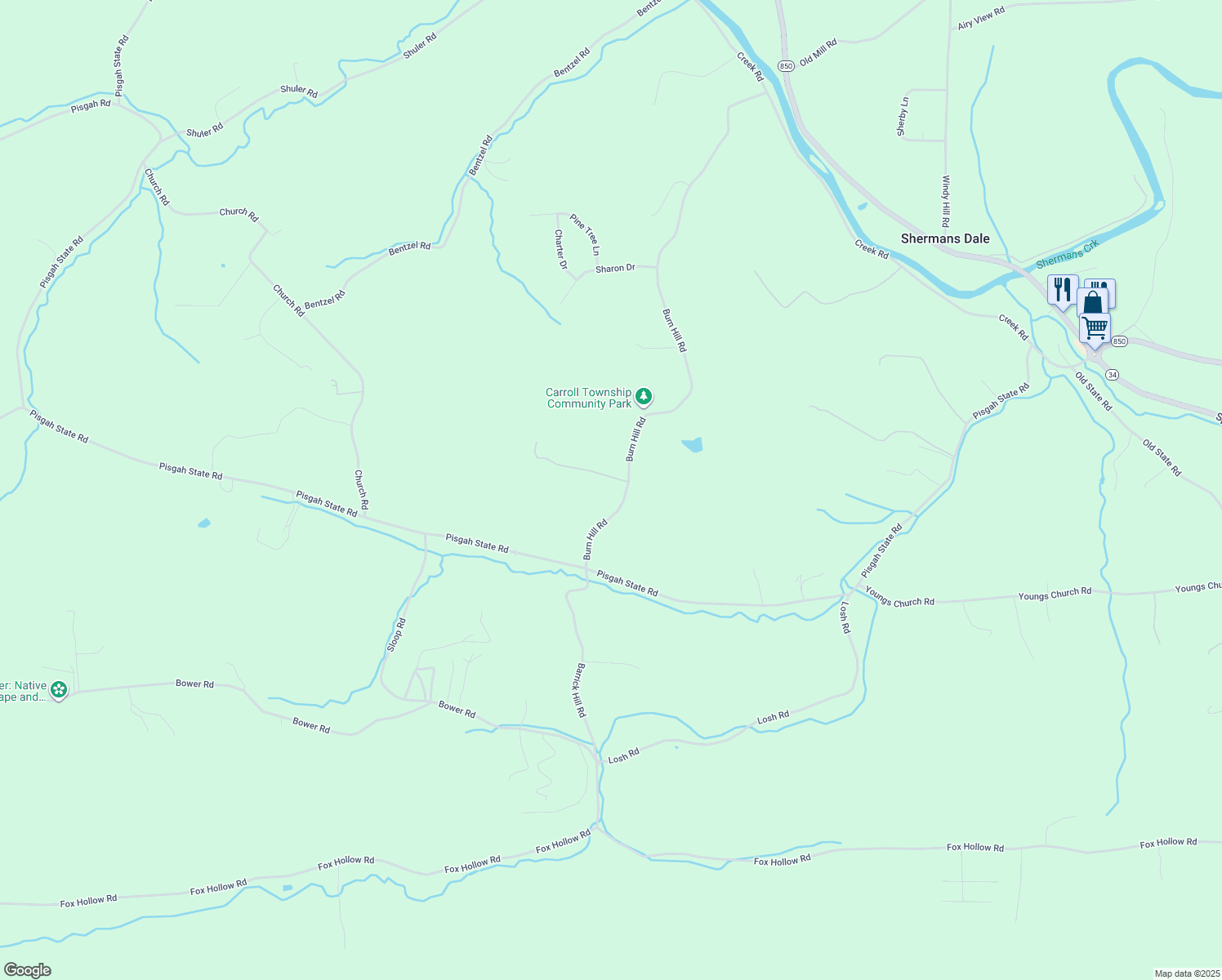 map of restaurants, bars, coffee shops, grocery stores, and more near 535 Burn Hill Road in Shermans Dale