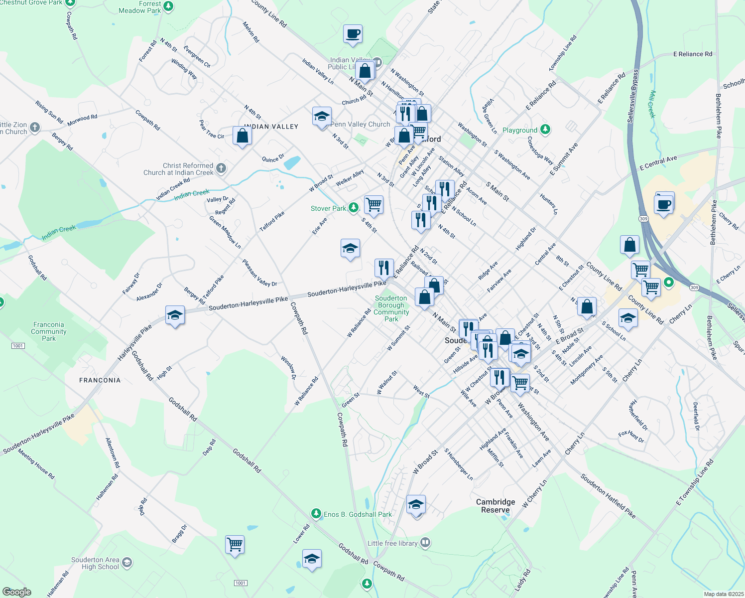 map of restaurants, bars, coffee shops, grocery stores, and more near 61 West Reliance Road in Souderton