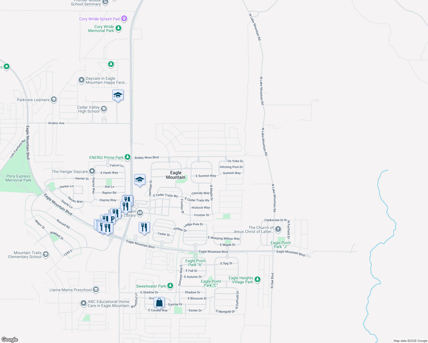 map of restaurants, bars, coffee shops, grocery stores, and more near 4624 North Maple Drive in Eagle Mountain