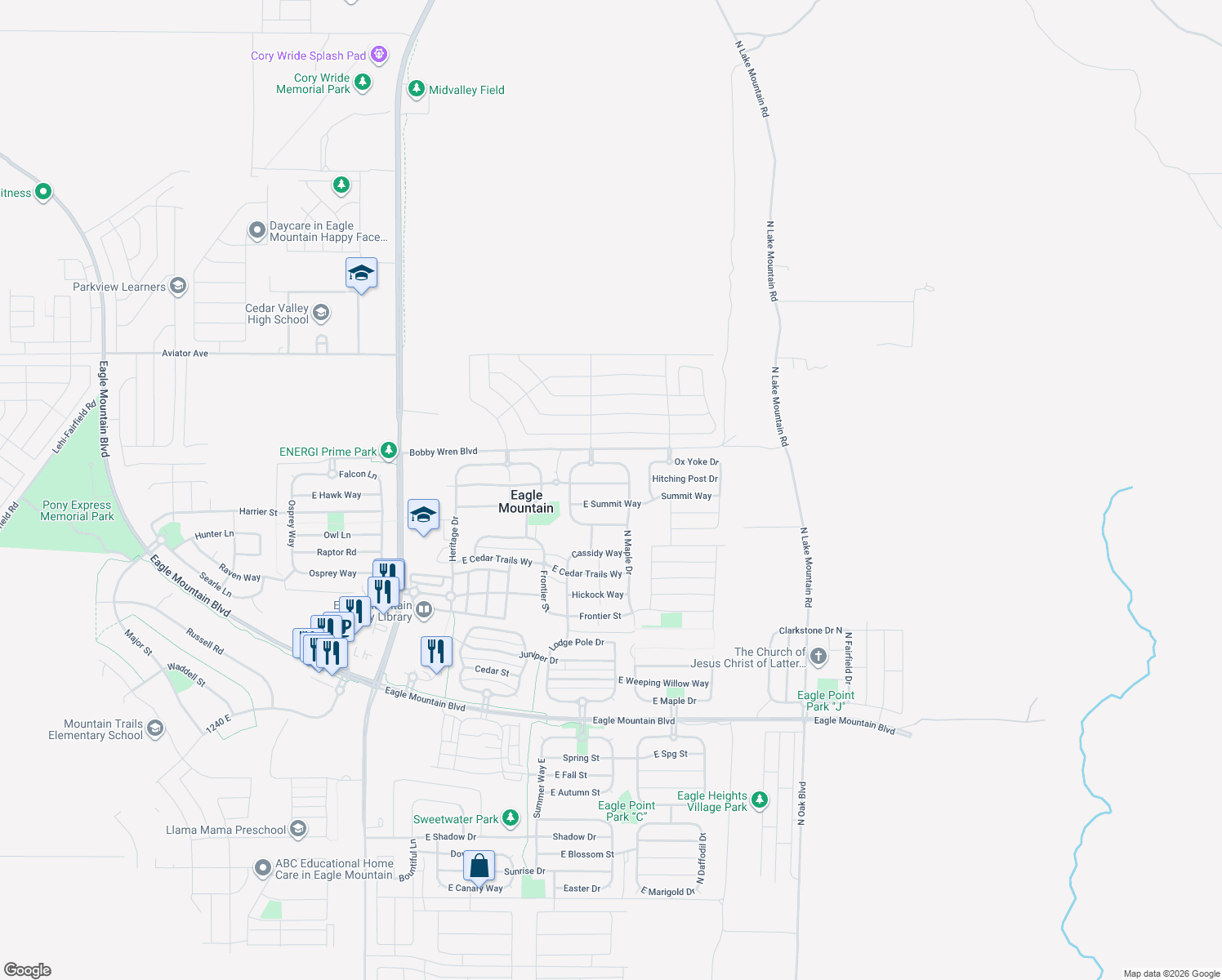 map of restaurants, bars, coffee shops, grocery stores, and more near 2164 East Revere Way in Eagle Mountain