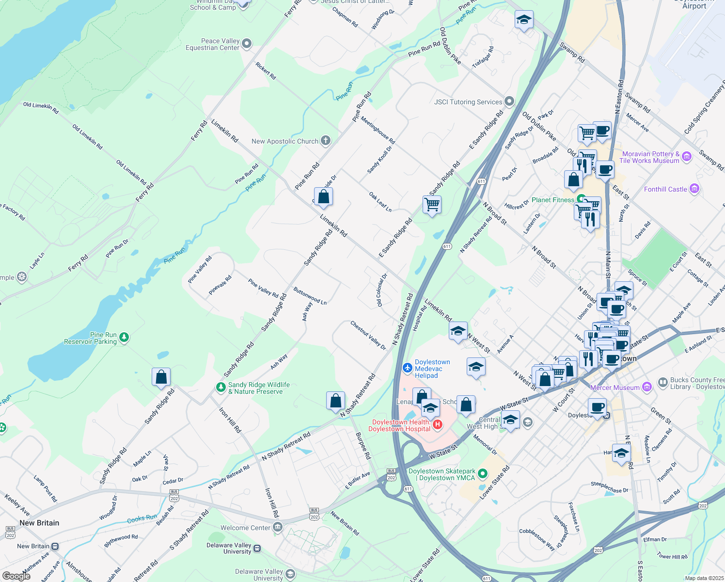 map of restaurants, bars, coffee shops, grocery stores, and more near 46 Providence Avenue in Doylestown