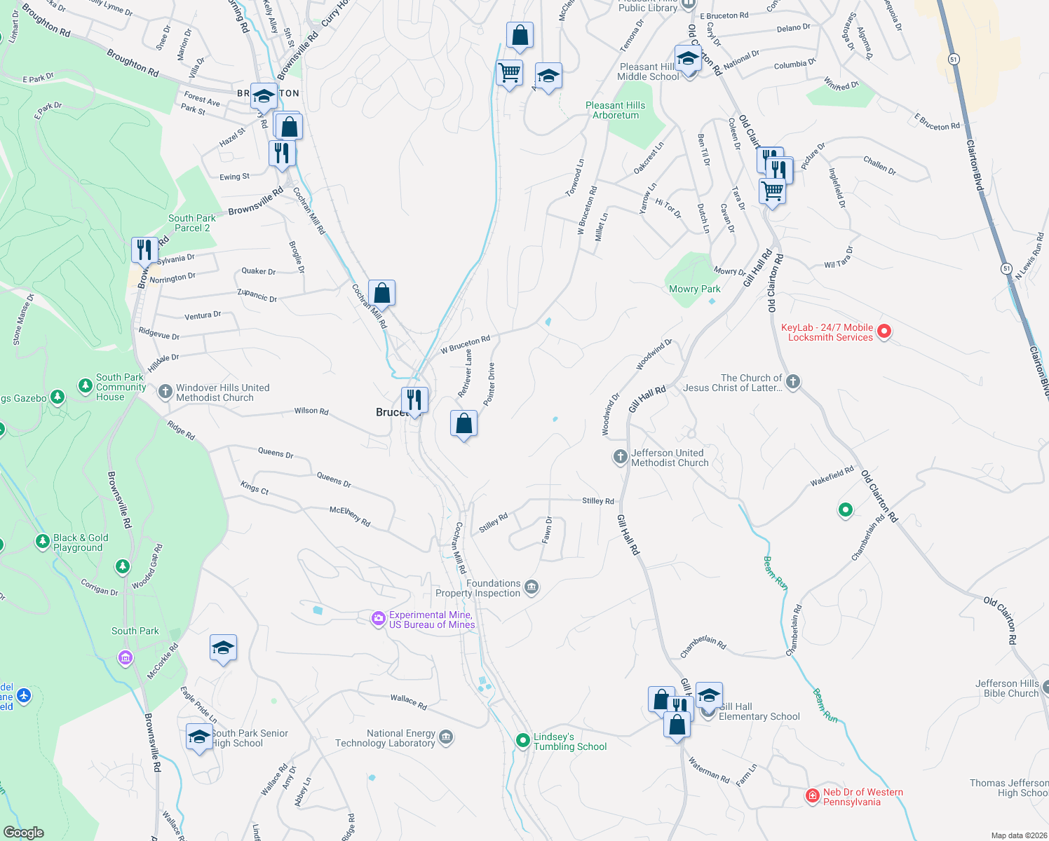 map of restaurants, bars, coffee shops, grocery stores, and more near 5044 Stilley Road in Clairton