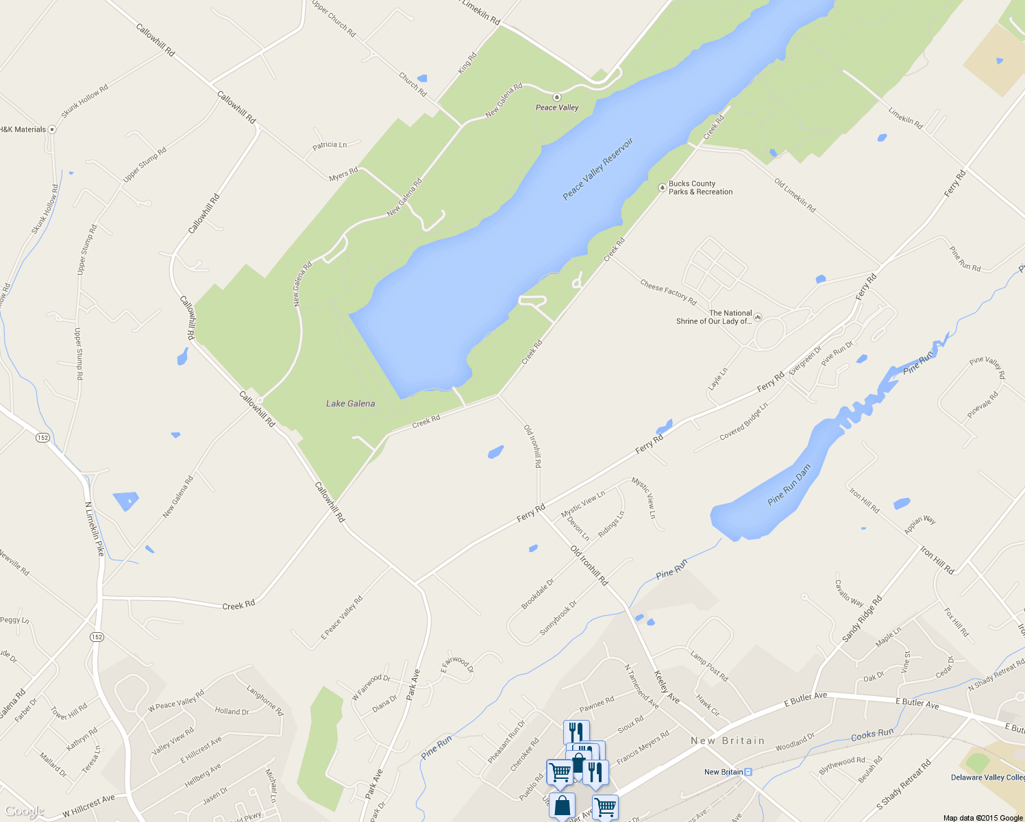 map of restaurants, bars, coffee shops, grocery stores, and more near 425 Old Ironhill Road in Doylestown
