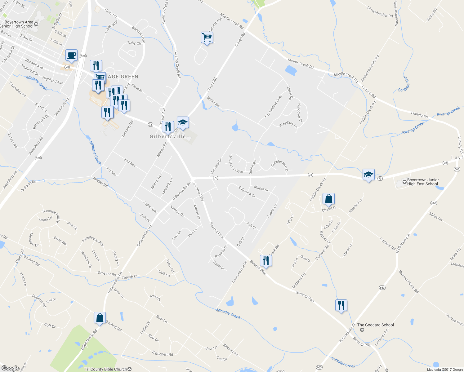 map of restaurants, bars, coffee shops, grocery stores, and more near 215 East Spruce Street in Gilbertsville