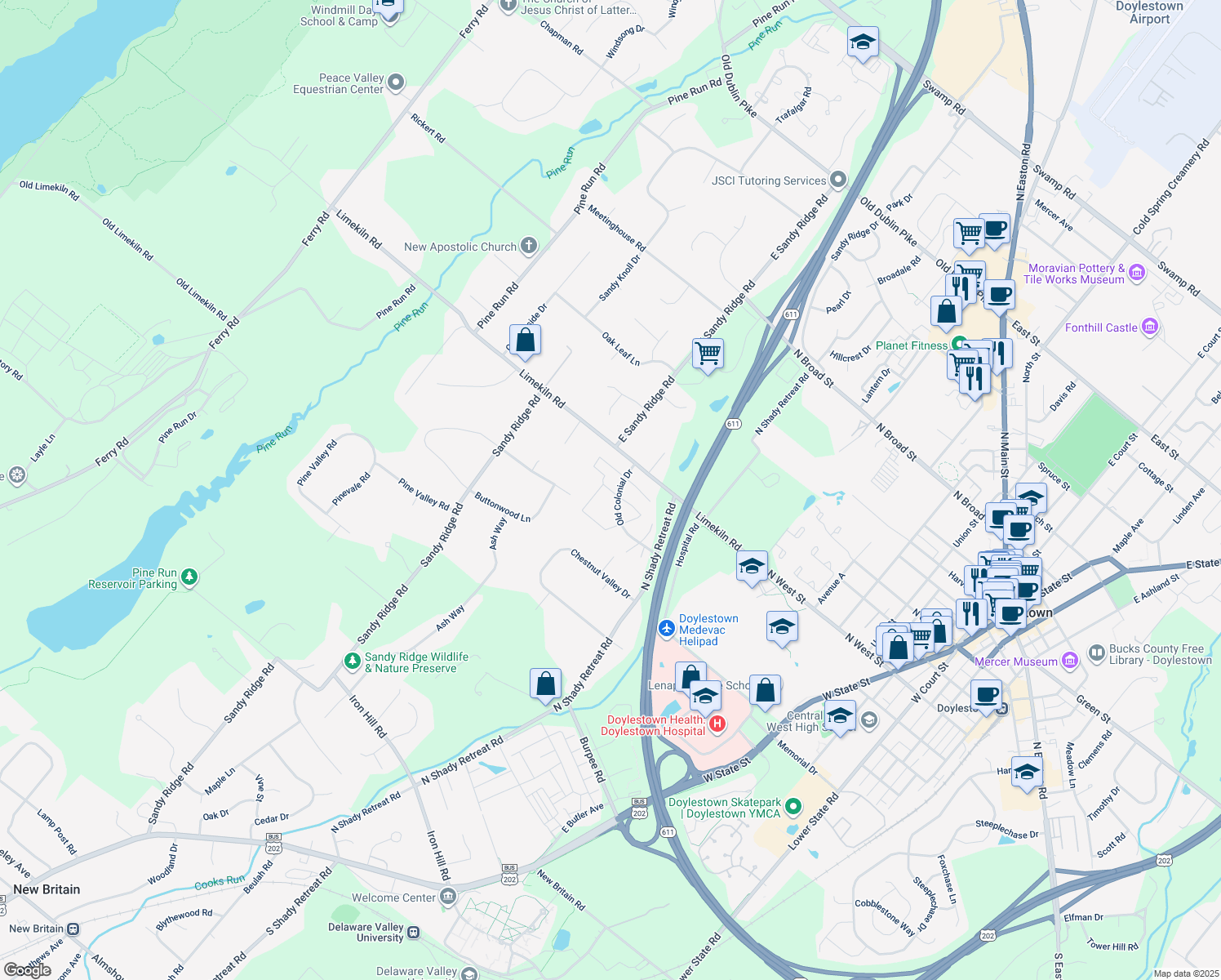 map of restaurants, bars, coffee shops, grocery stores, and more near 12 Providence Avenue in Doylestown