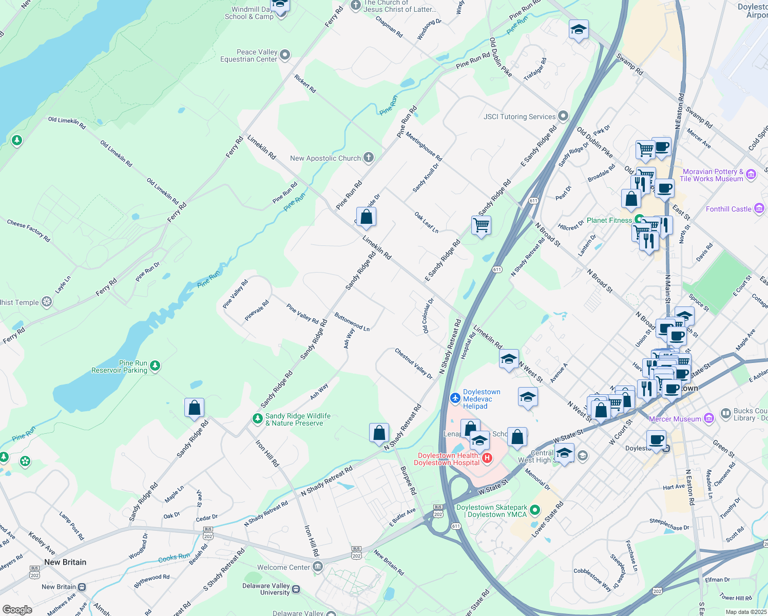 map of restaurants, bars, coffee shops, grocery stores, and more near 98 Buttonwood Lane in Doylestown