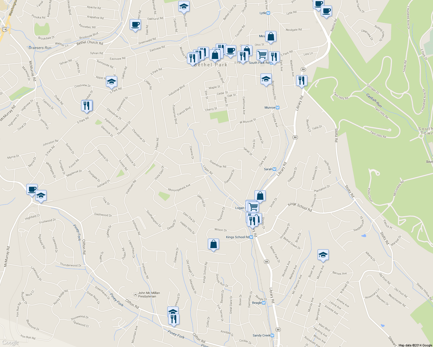 map of restaurants, bars, coffee shops, grocery stores, and more near 1095 Logan Rd in Bethel Park