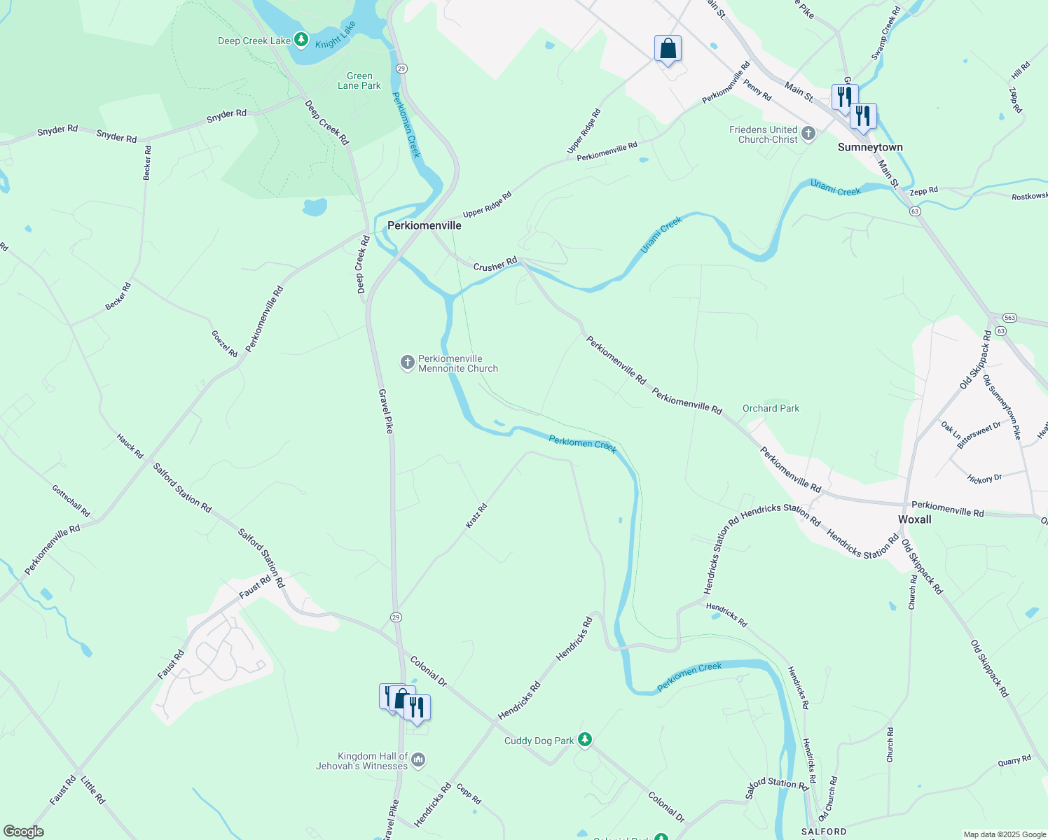 map of restaurants, bars, coffee shops, grocery stores, and more near 2073 Kratz Station Rd in Harleysville