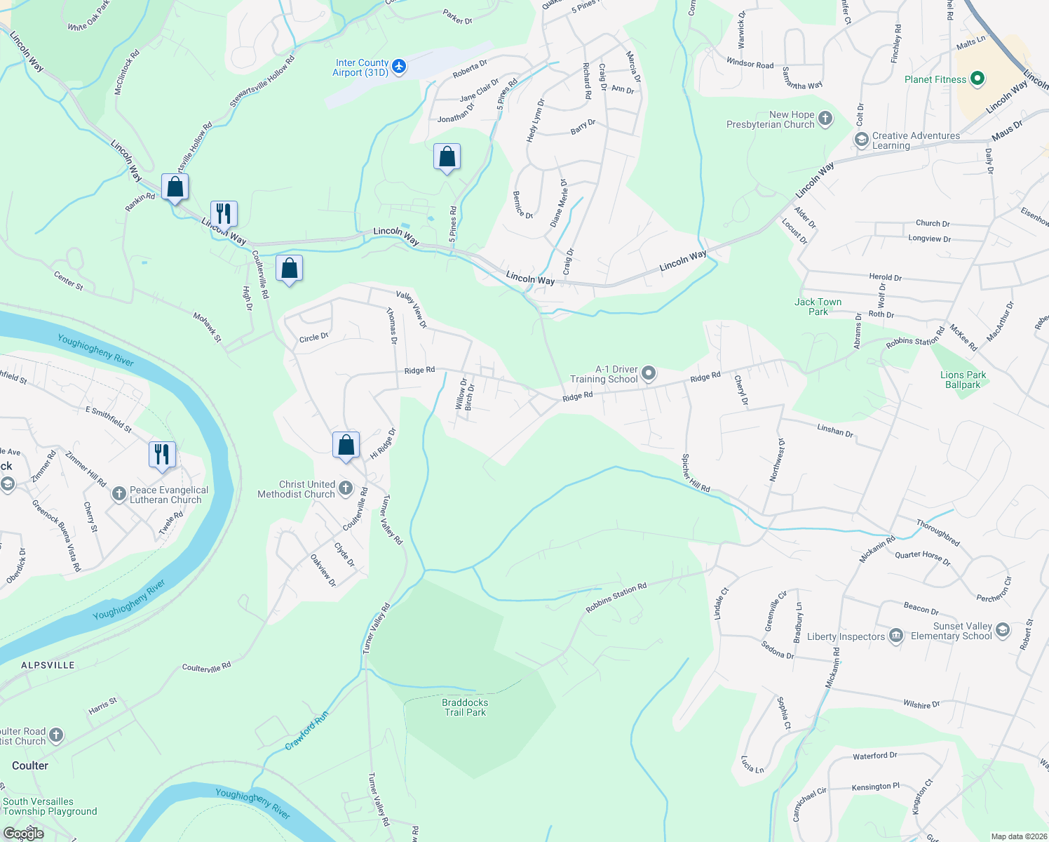 map of restaurants, bars, coffee shops, grocery stores, and more near 2434 Myers Lane in Irwin