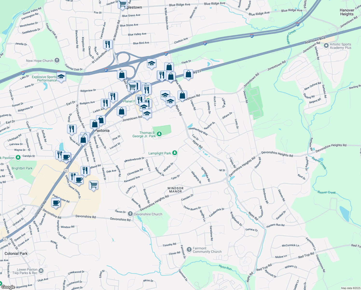 map of restaurants, bars, coffee shops, grocery stores, and more near 6128 Mayfair Dr in Harrisburg