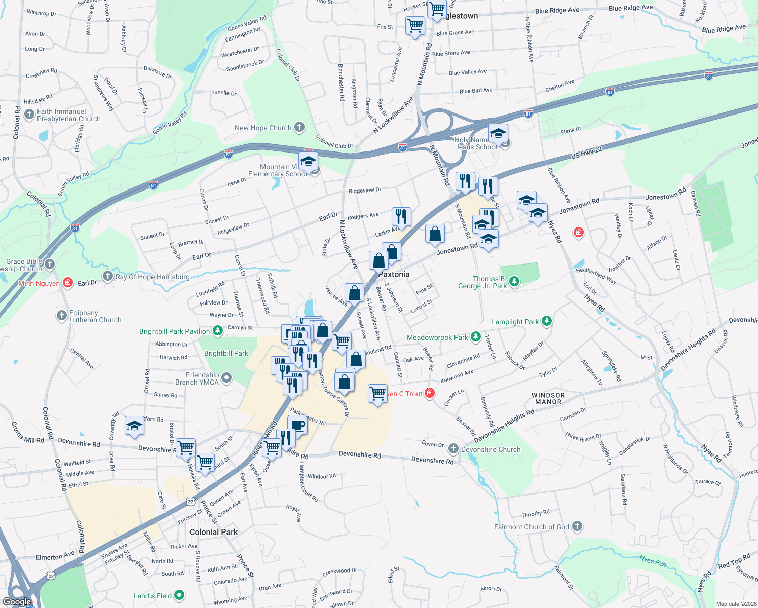 map of restaurants, bars, coffee shops, grocery stores, and more near 116 Beaver Rd in Harrisburg