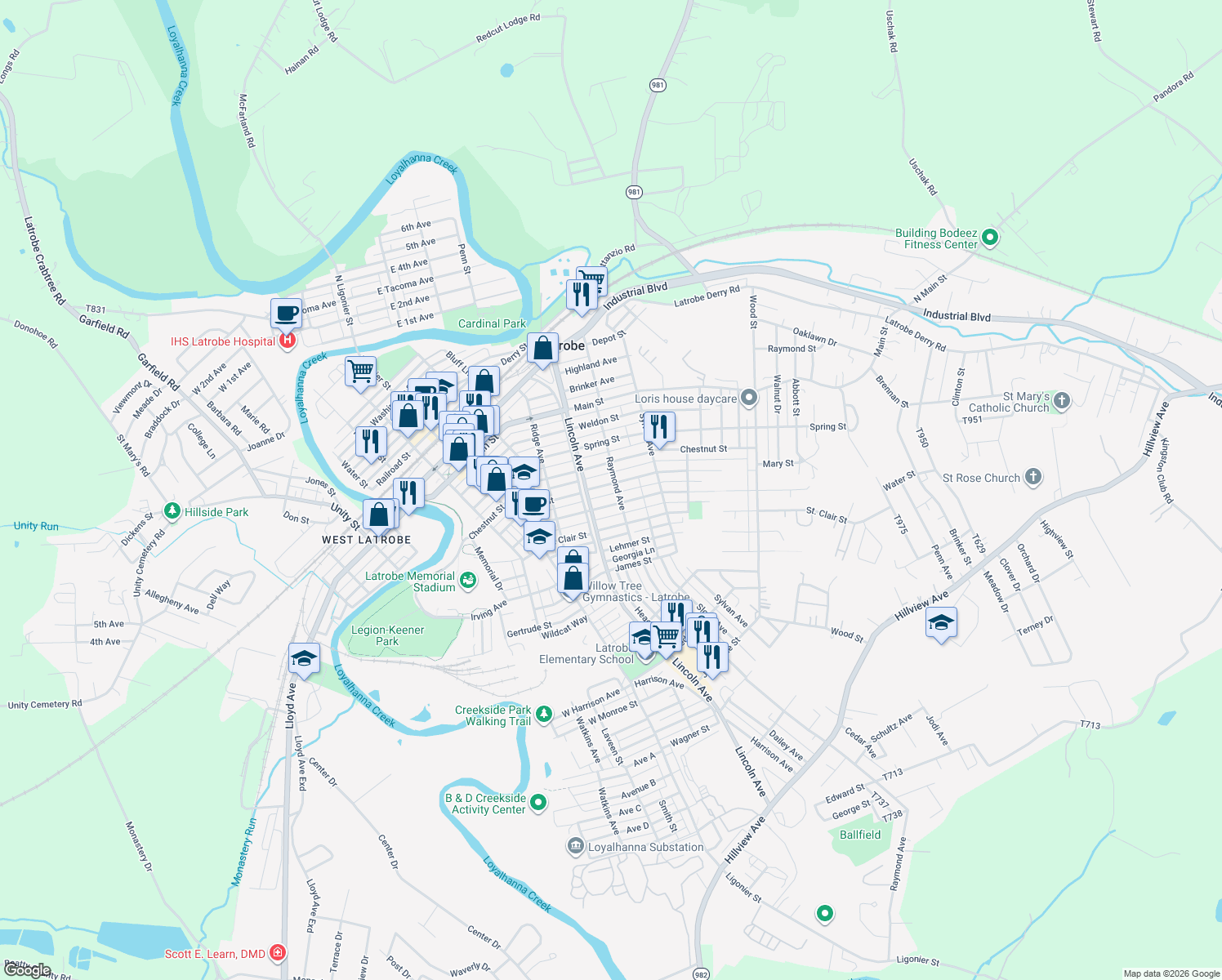 map of restaurants, bars, coffee shops, grocery stores, and more near 627 Walnut St in Latrobe