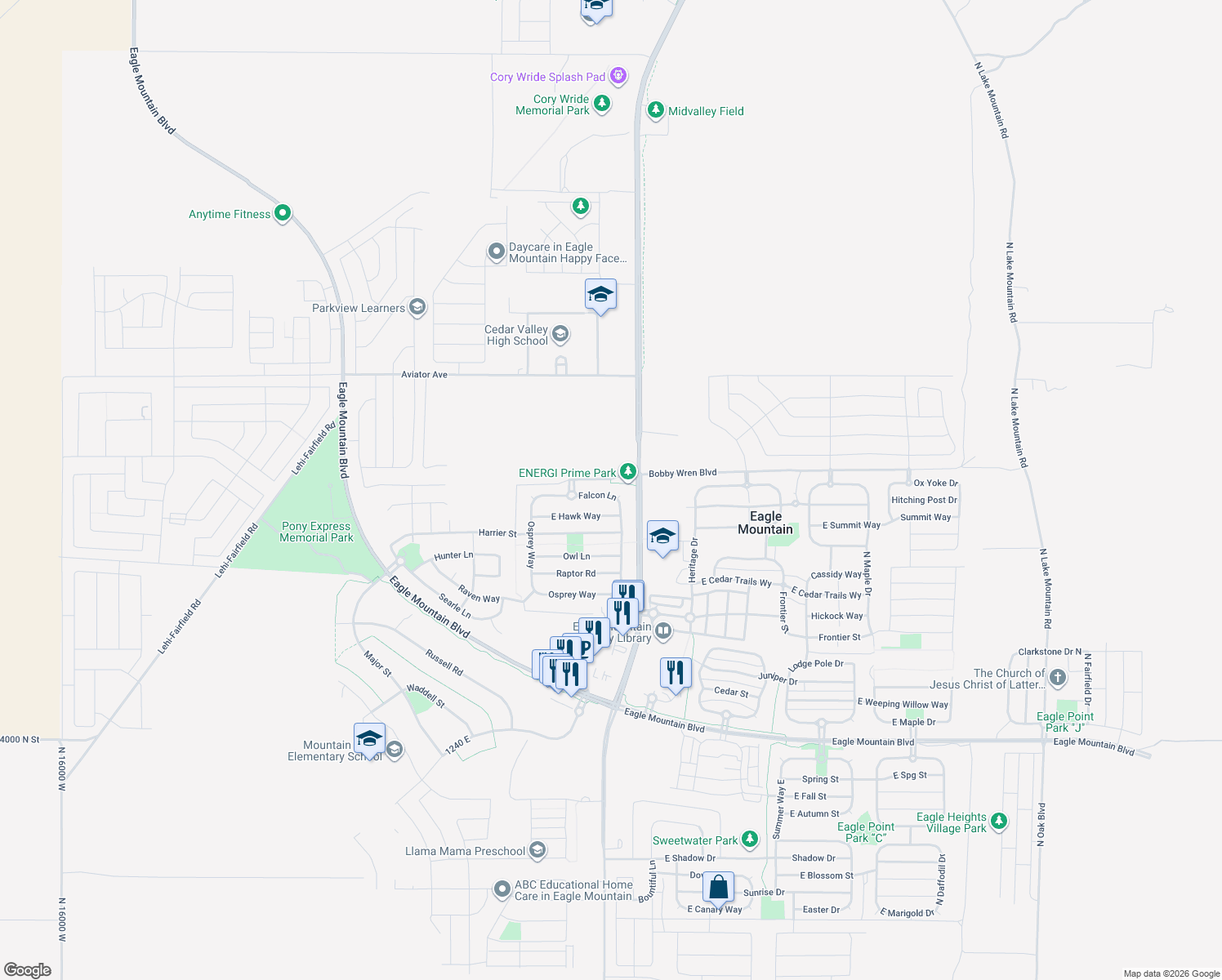 map of restaurants, bars, coffee shops, grocery stores, and more near 1507 Falcon Lane in Eagle Mountain