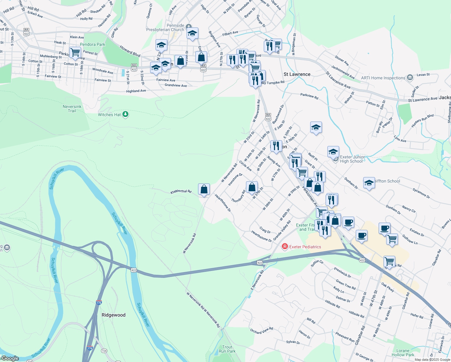 map of restaurants, bars, coffee shops, grocery stores, and more near 219 West Neversink Road in Reading