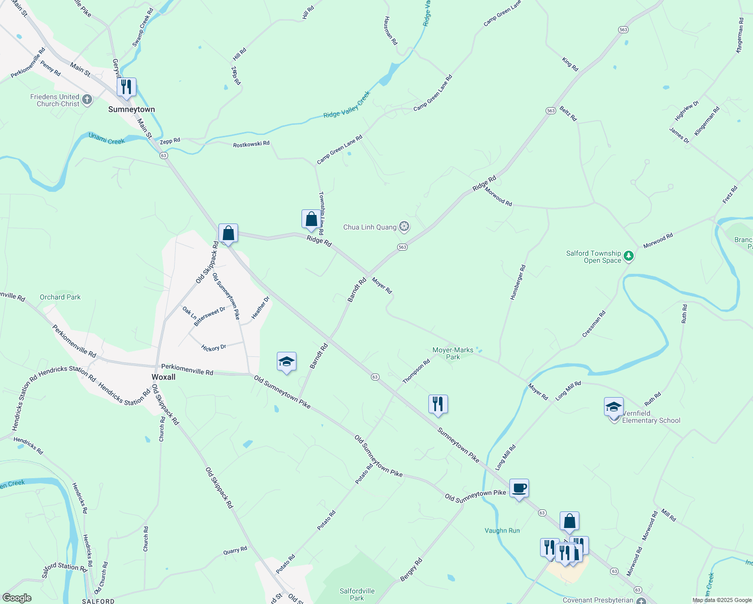 map of restaurants, bars, coffee shops, grocery stores, and more near 1531 Moyer Rd in Telford