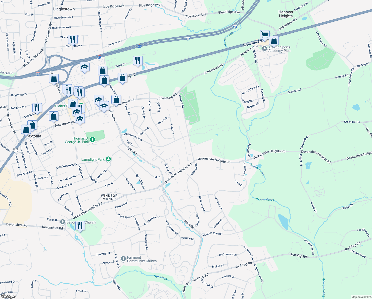 map of restaurants, bars, coffee shops, grocery stores, and more near 287 Mindy Drive in Paxtonia