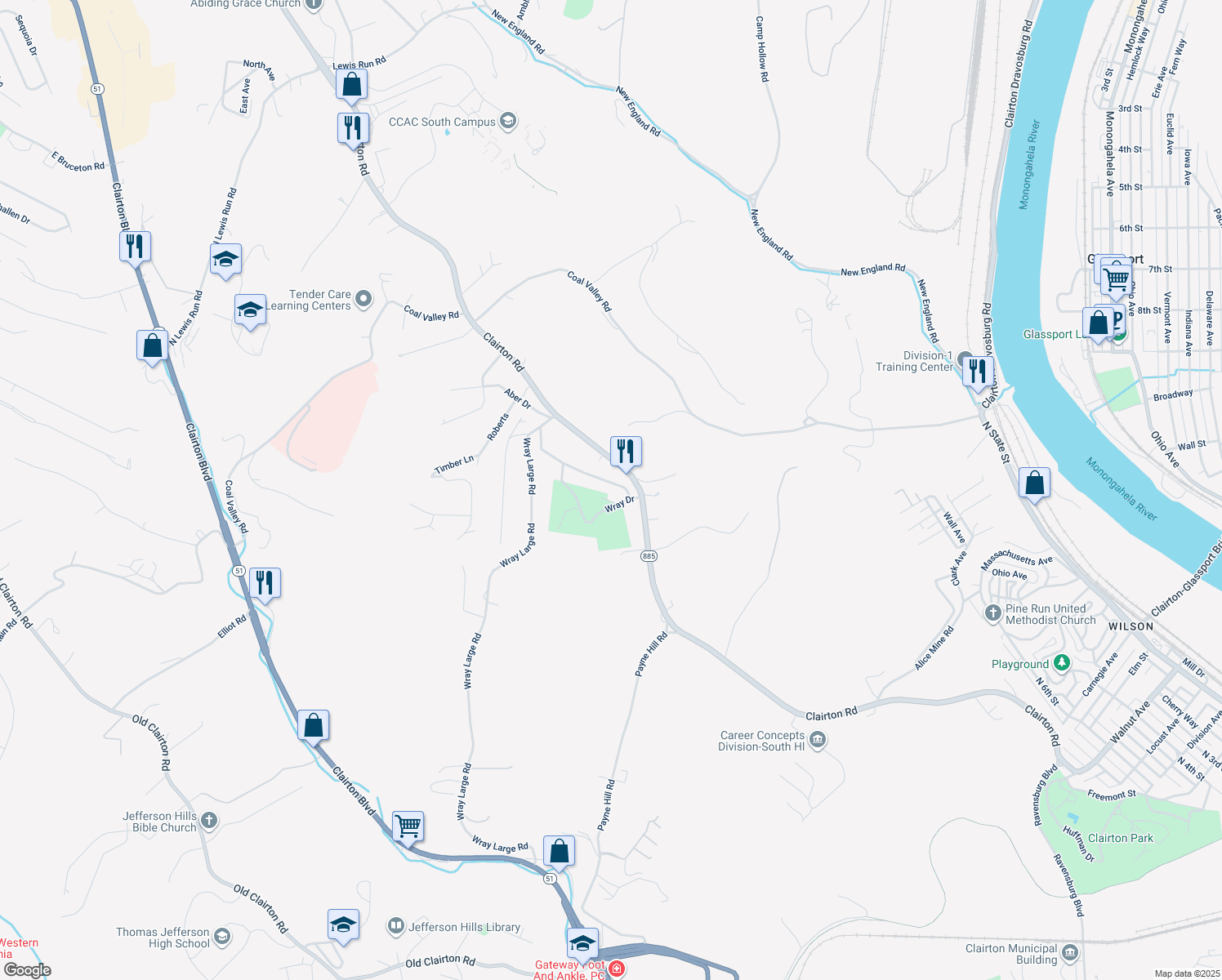 map of restaurants, bars, coffee shops, grocery stores, and more near 113 Wray Drive in Clairton
