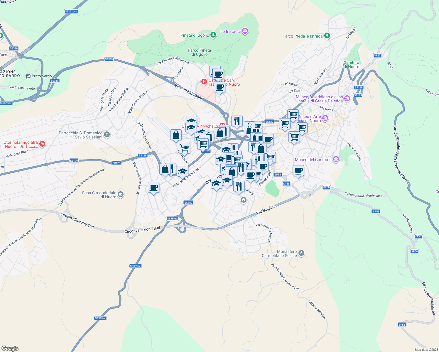 map of restaurants, bars, coffee shops, grocery stores, and more near 5 Via S. Marino in Nuoro