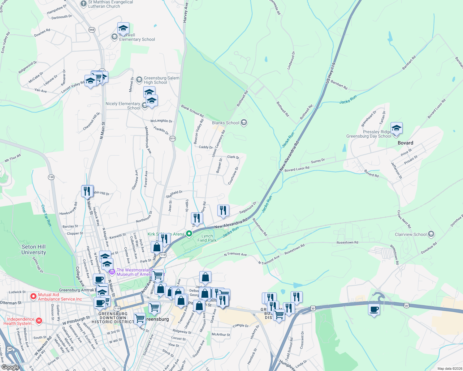 map of restaurants, bars, coffee shops, grocery stores, and more near 728 Courtview Dr in Greensburg