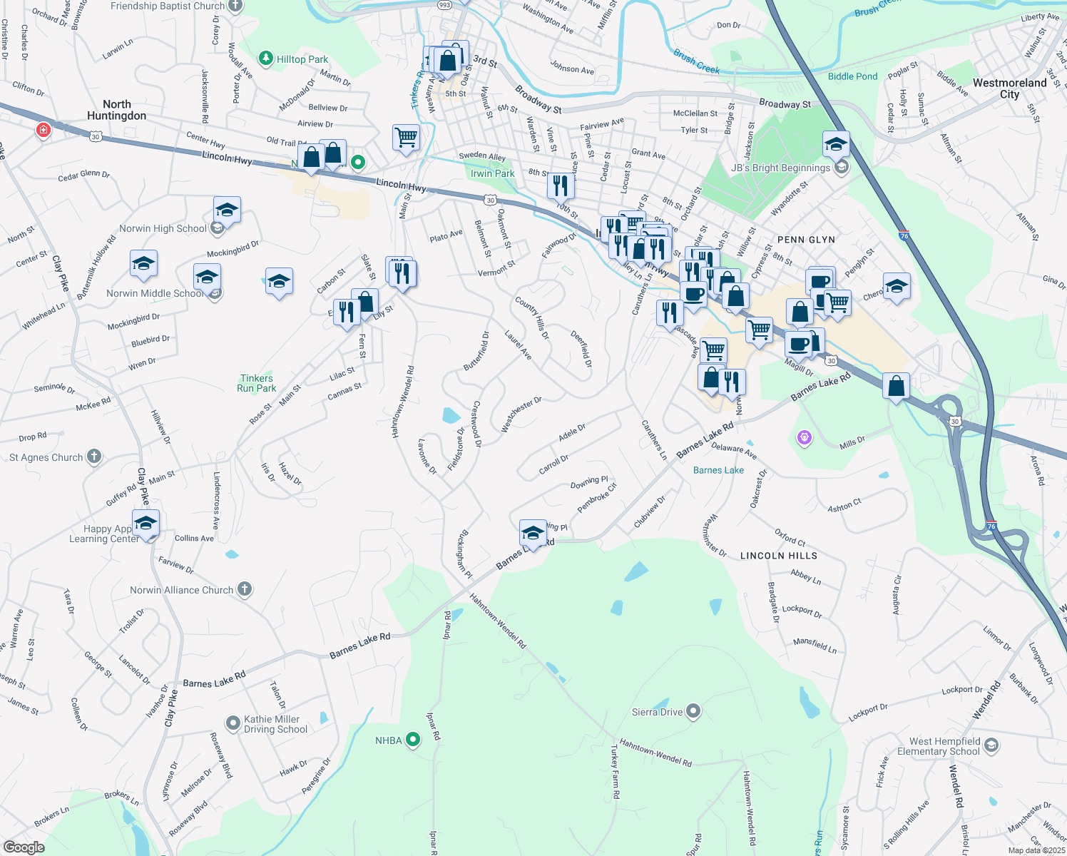 map of restaurants, bars, coffee shops, grocery stores, and more near 9750 Birchbrook Ct in Irwin