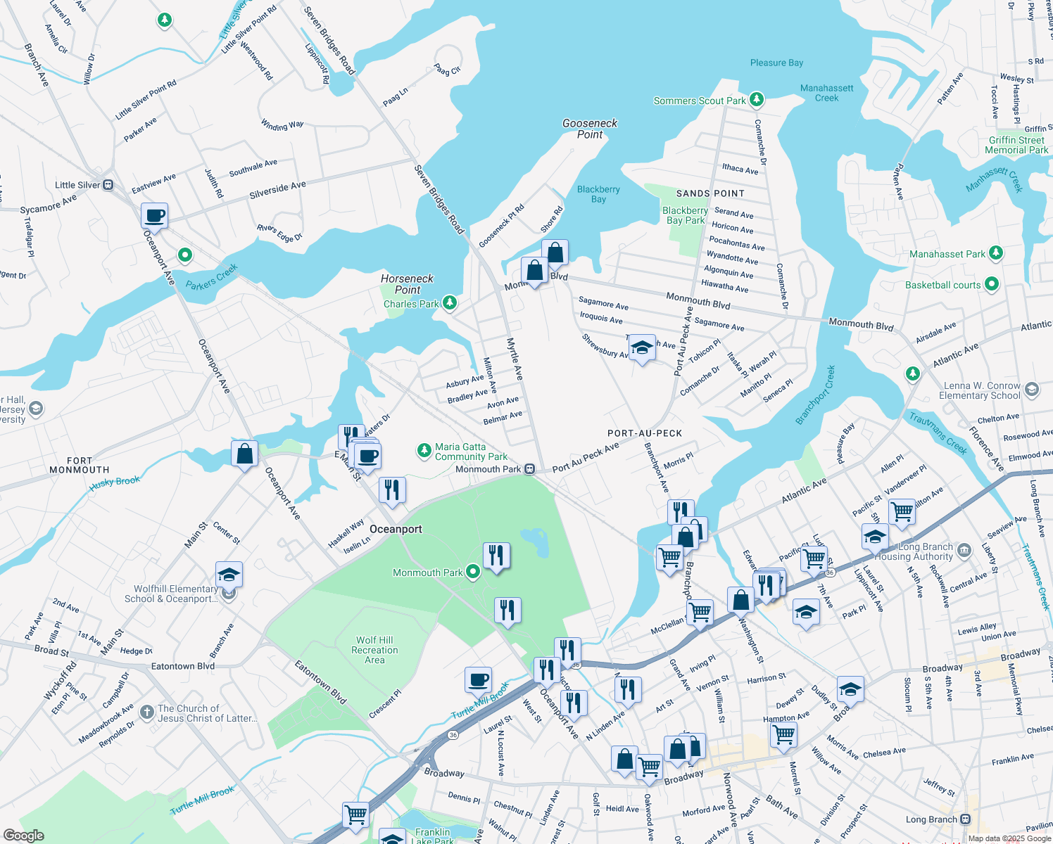 map of restaurants, bars, coffee shops, grocery stores, and more near 7 Spring Lake Avenue in Oceanport
