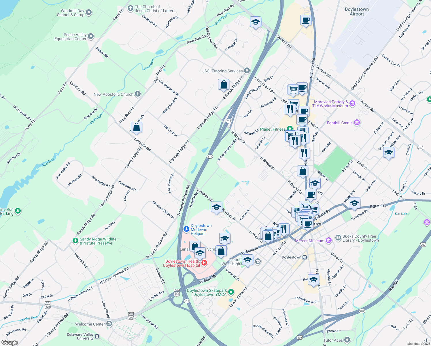map of restaurants, bars, coffee shops, grocery stores, and more near 414 Mahogany Court in Doylestown