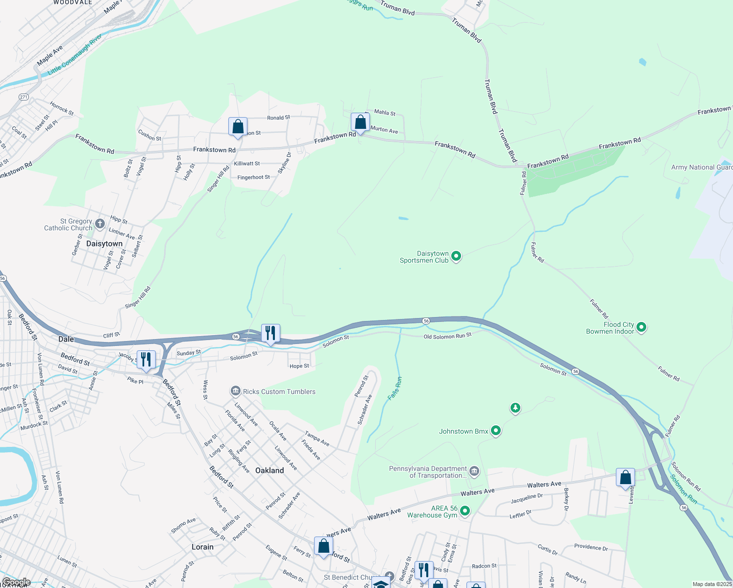 map of restaurants, bars, coffee shops, grocery stores, and more near in Johnstown