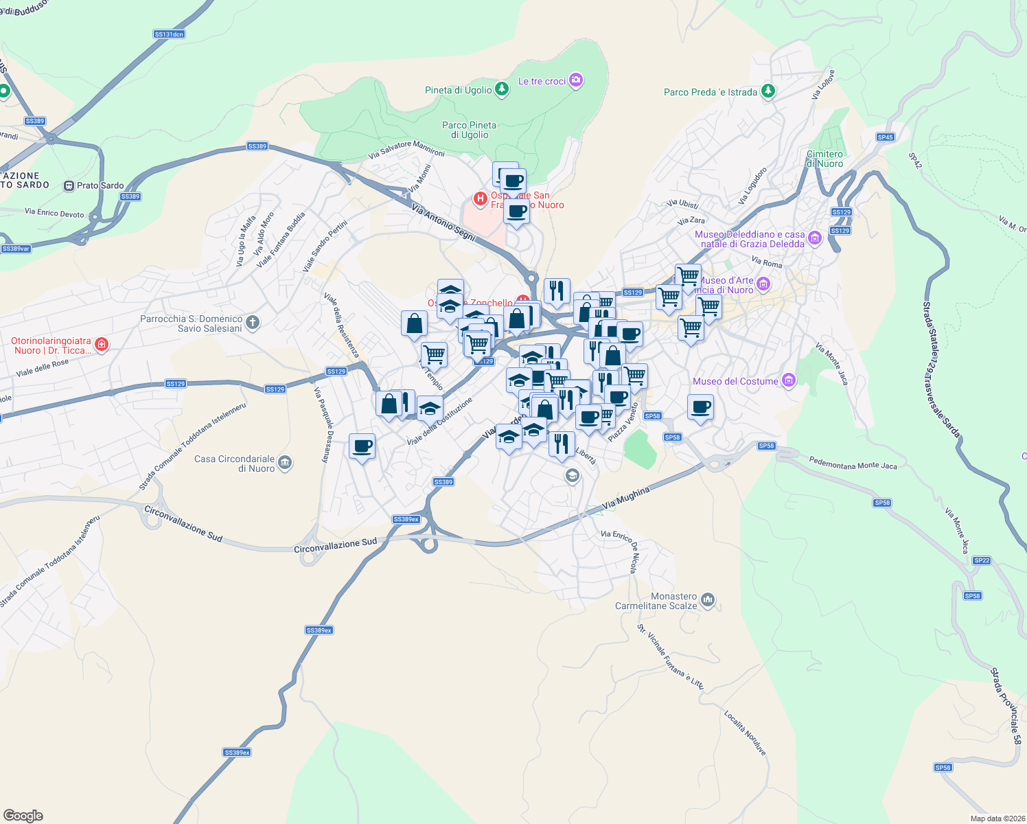 map of restaurants, bars, coffee shops, grocery stores, and more near 5 Via San Marino in Nuoro