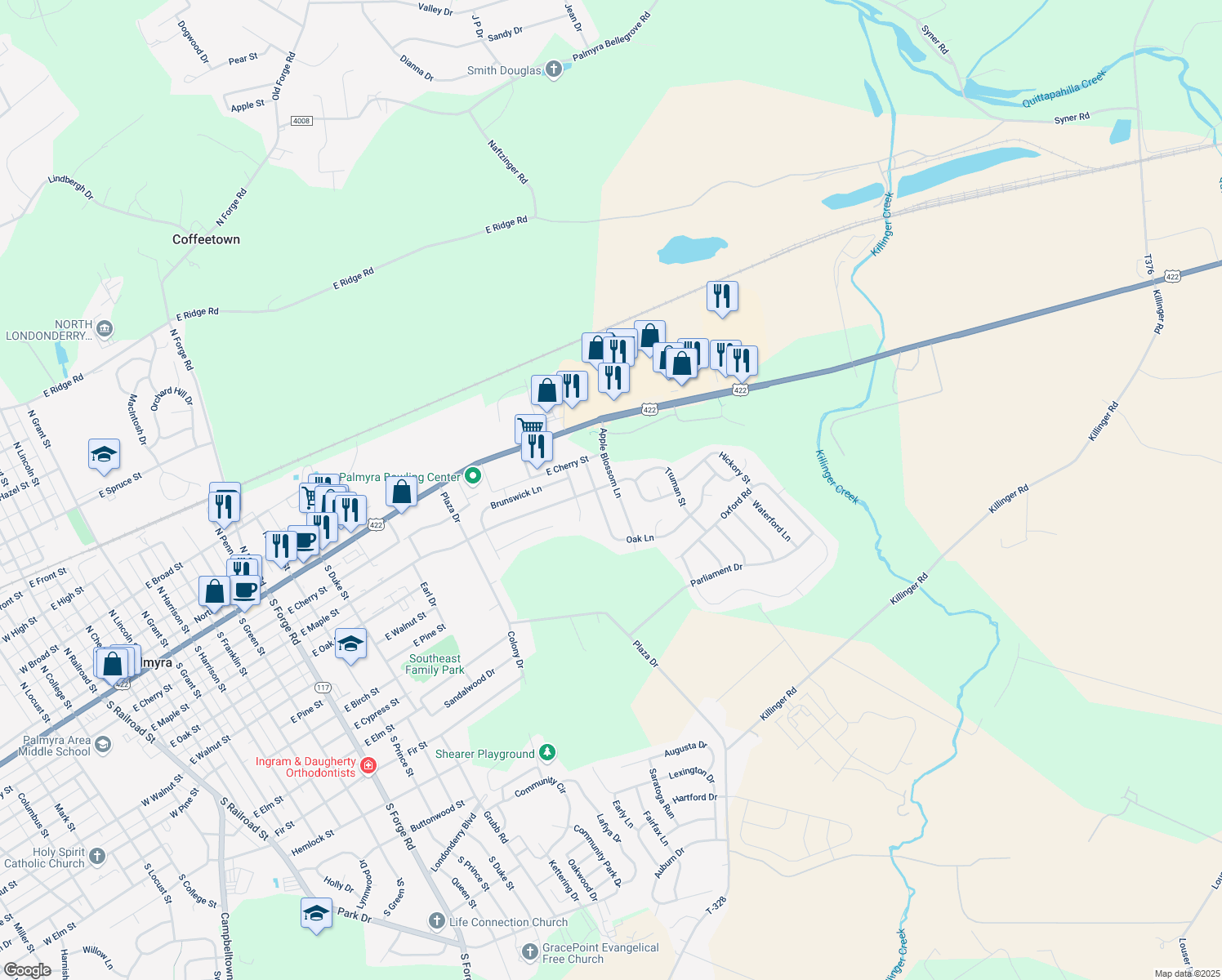map of restaurants, bars, coffee shops, grocery stores, and more near 203 Apple Blossom Lane in Palmyra