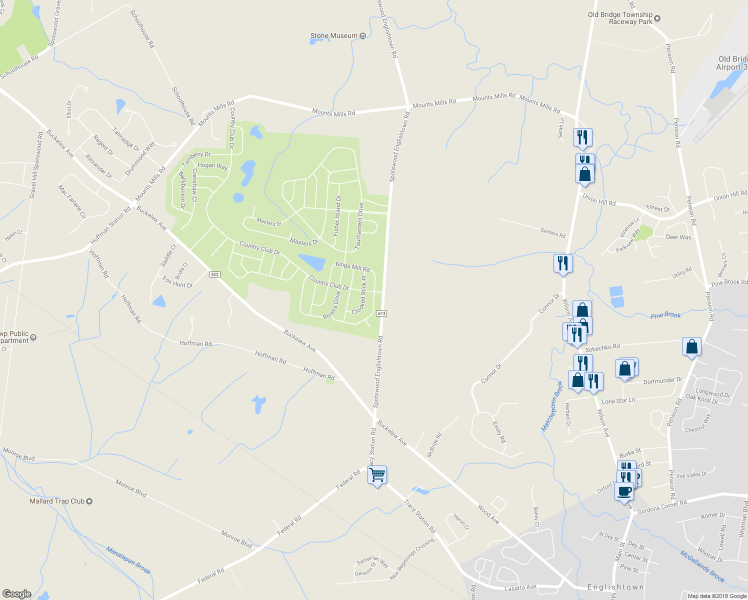 map of restaurants, bars, coffee shops, grocery stores, and more near 44 Kings Mill Road in Monroe Township