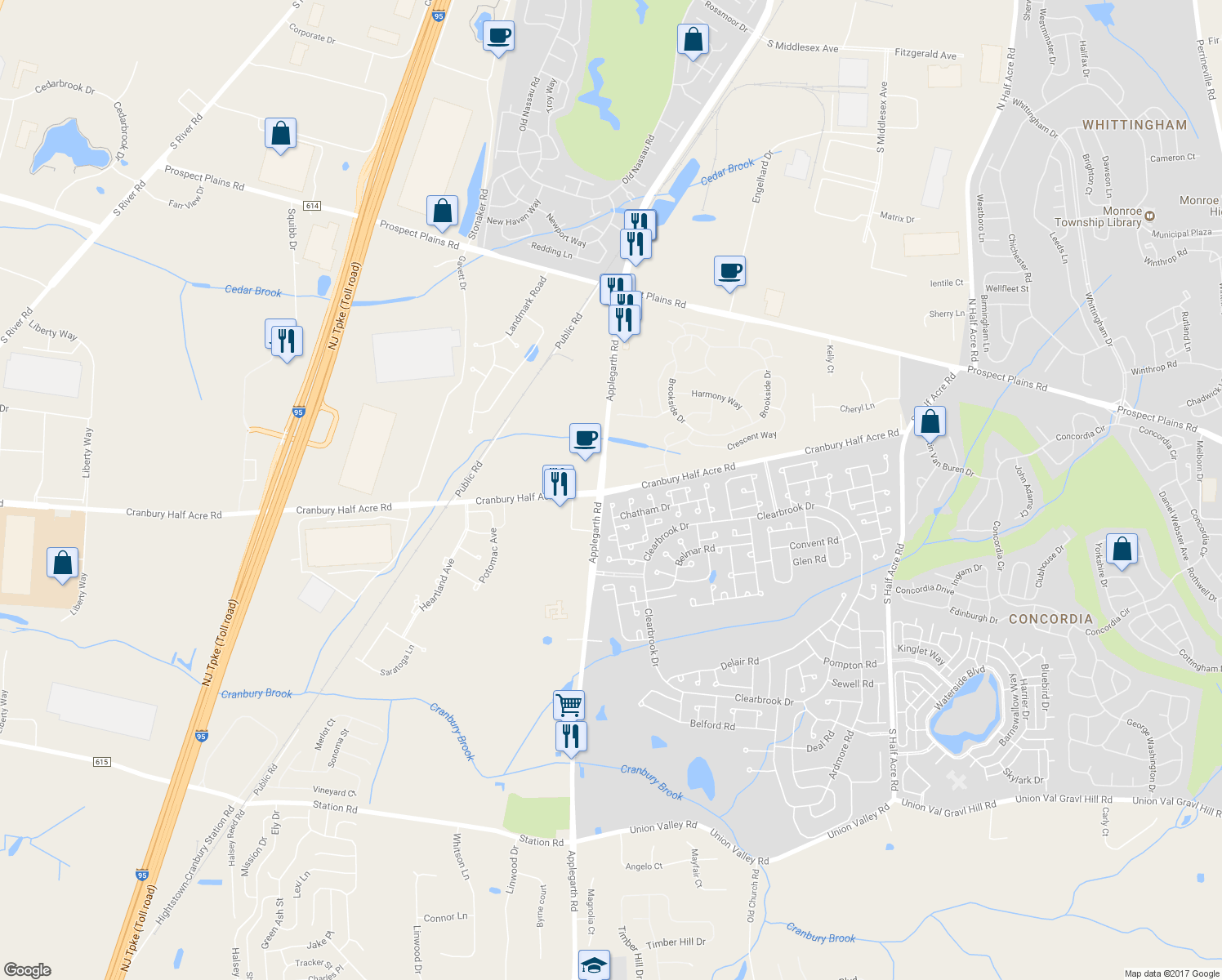 map of restaurants, bars, coffee shops, grocery stores, and more near 274 Cranbury Half Acre Road in Monroe Township