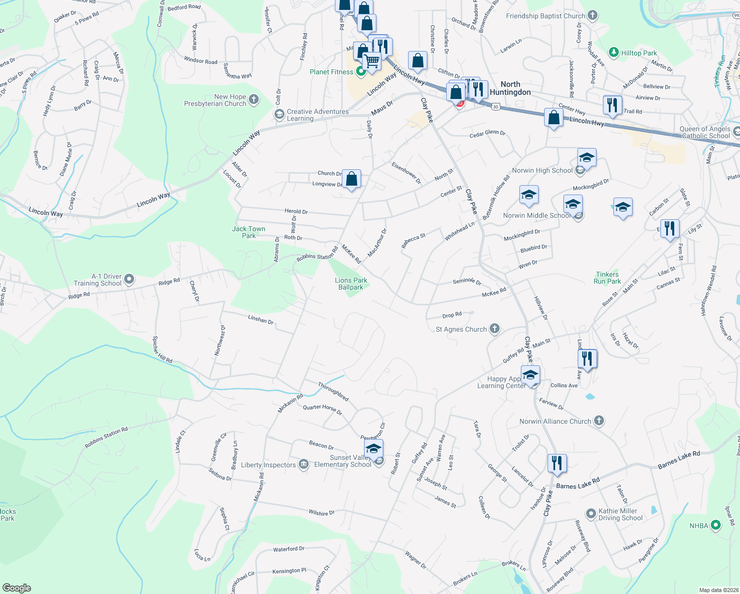 map of restaurants, bars, coffee shops, grocery stores, and more near 11895 Frieda Drive in Irwin
