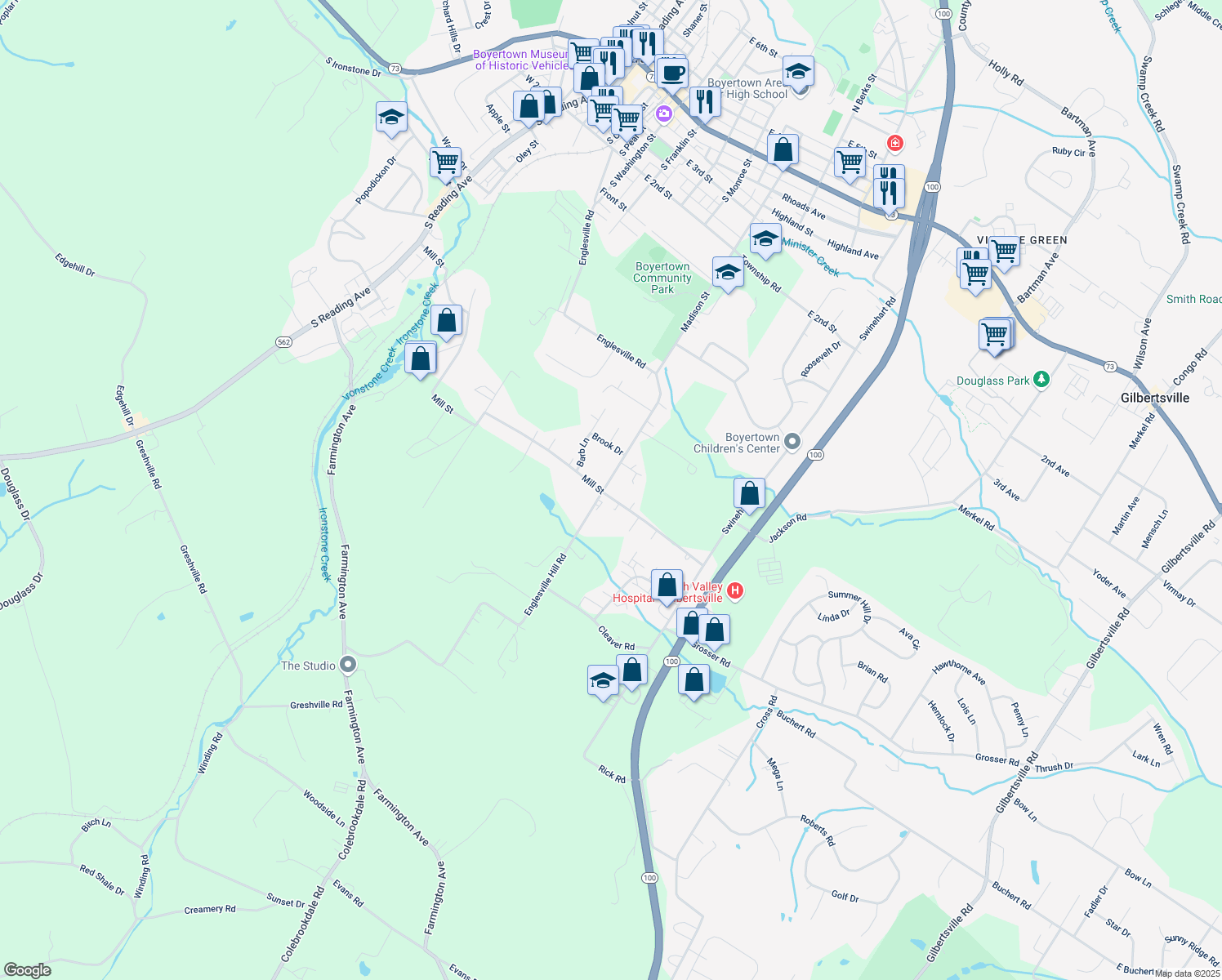 map of restaurants, bars, coffee shops, grocery stores, and more near 698 Englesville Rd in Boyertown
