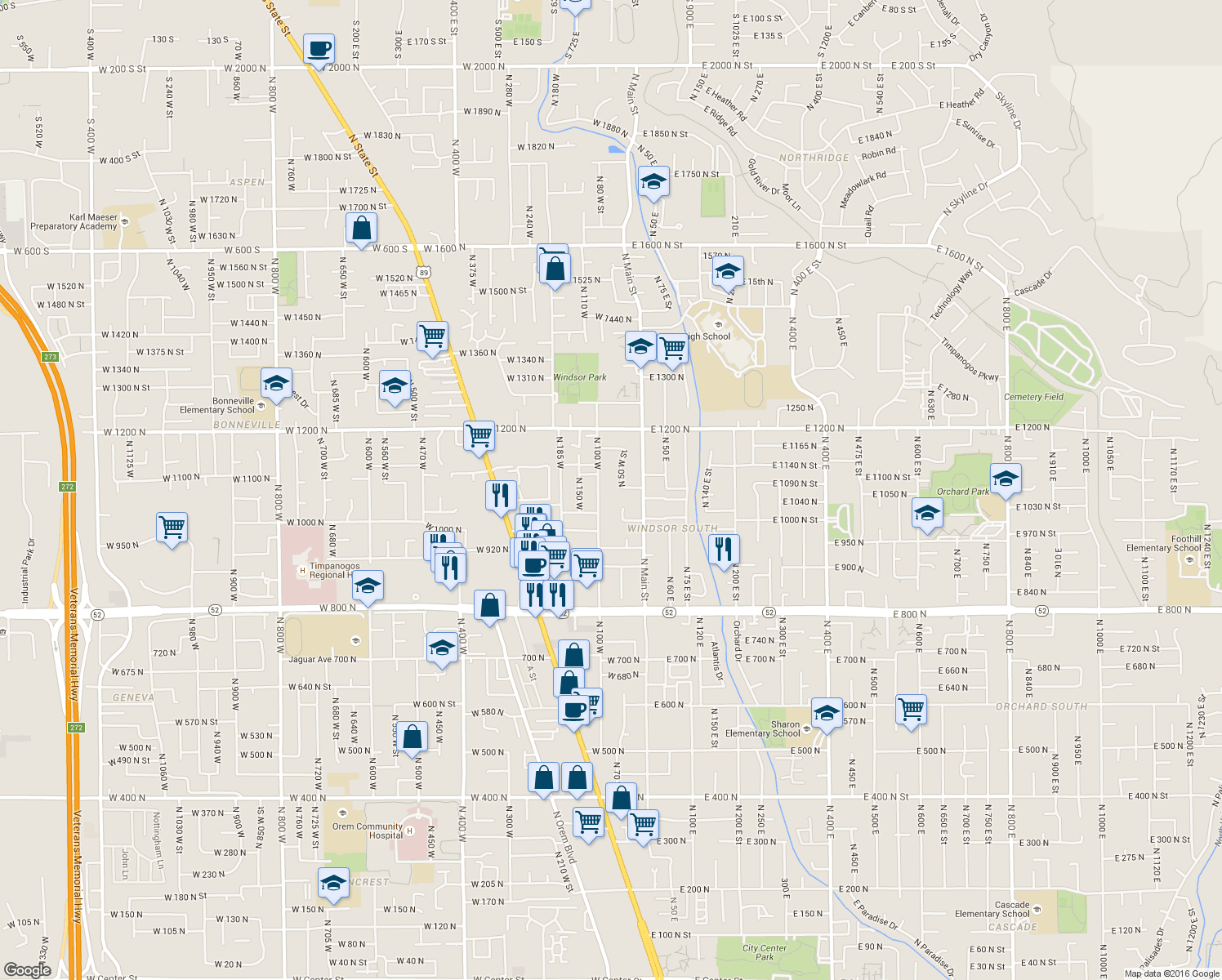 map of restaurants, bars, coffee shops, grocery stores, and more near 1060 North 100 West in Orem
