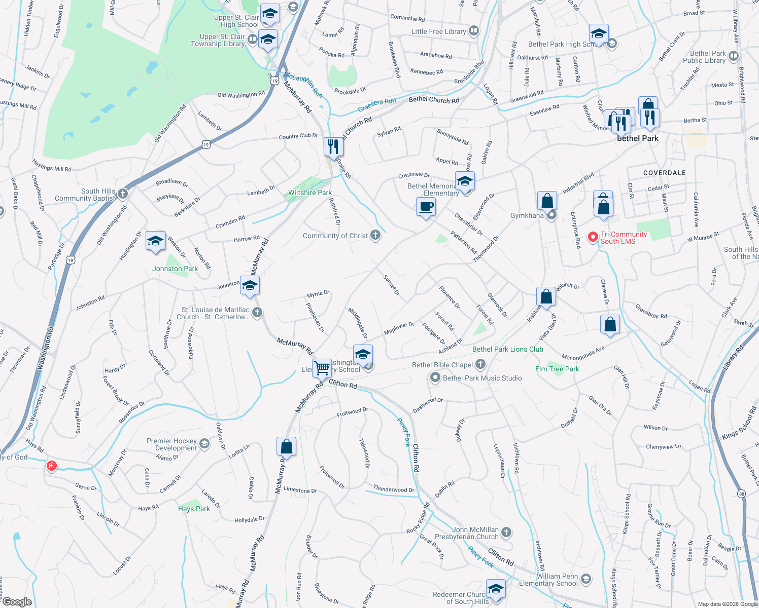 map of restaurants, bars, coffee shops, grocery stores, and more near 315 Turngate Dr in Bethel Park