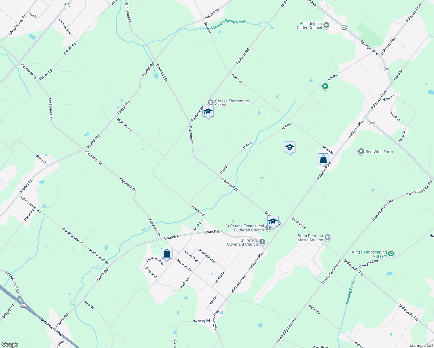 map of restaurants, bars, coffee shops, grocery stores, and more near 2527 Diamond Street in Sellersville