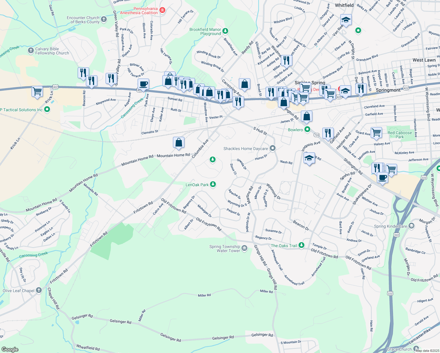 map of restaurants, bars, coffee shops, grocery stores, and more near 66 Michigan Drive in Sinking Spring