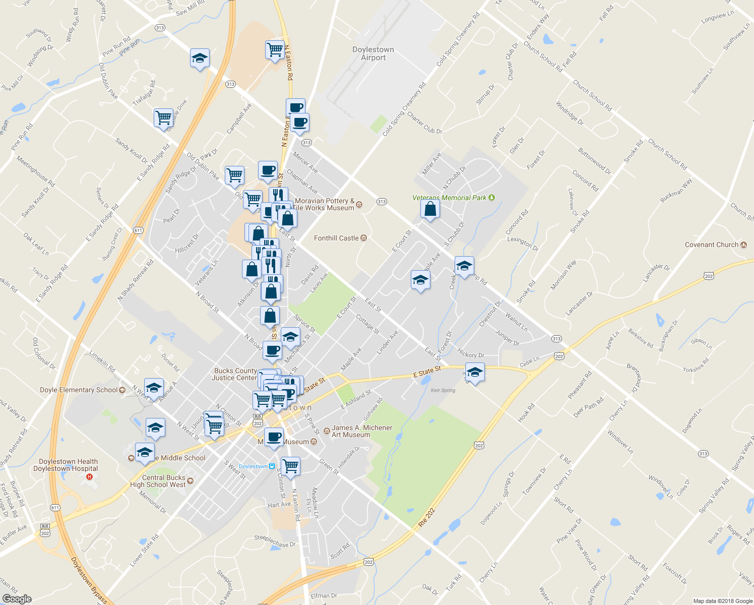 map of restaurants, bars, coffee shops, grocery stores, and more near 97 East Street in Doylestown