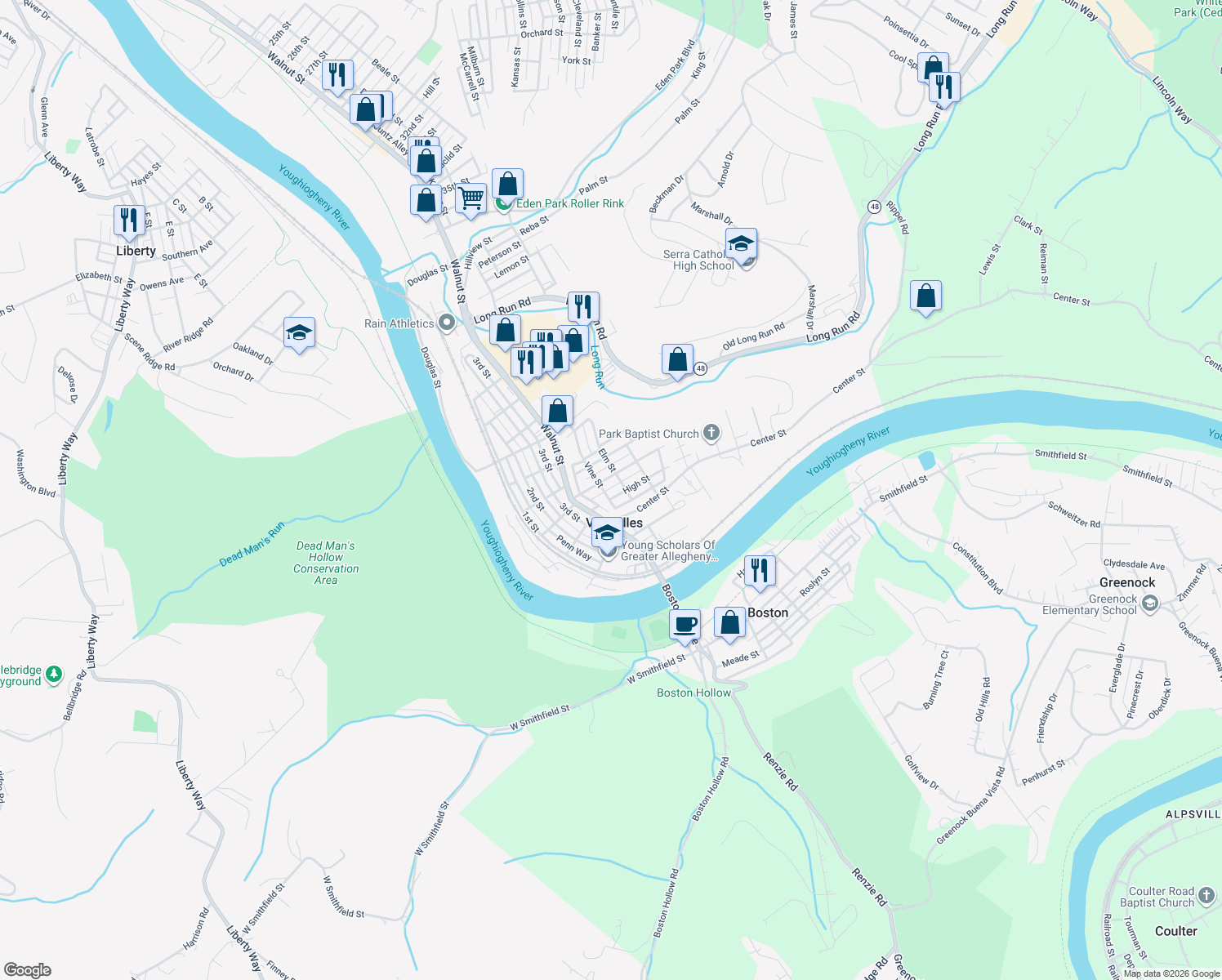 map of restaurants, bars, coffee shops, grocery stores, and more near 505 High Street in McKeesport